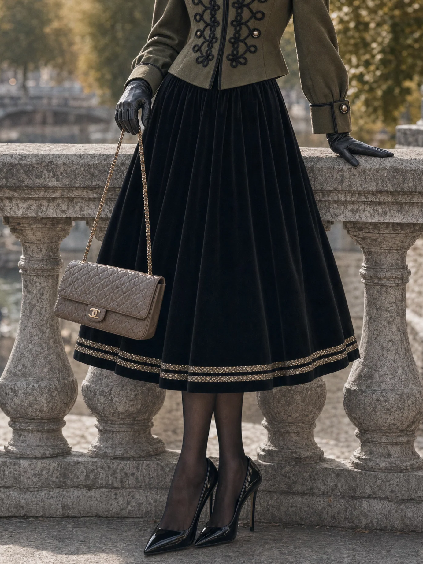 Velvet Gold‑trim Midi Skirt - jugjet