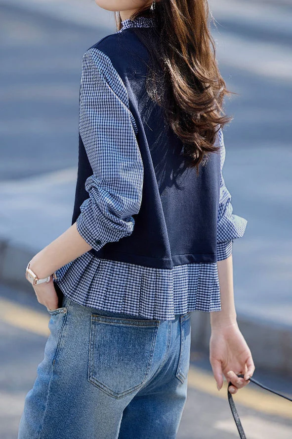 Elegant Commuter Fake Two‑Piece Crew Neck Plaid Long‑Sleeve Shirt - gazingly
