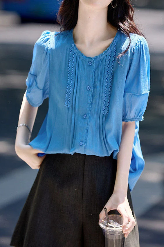 Casual Commuter Lace Trim Pleated Shirt - gazingly
