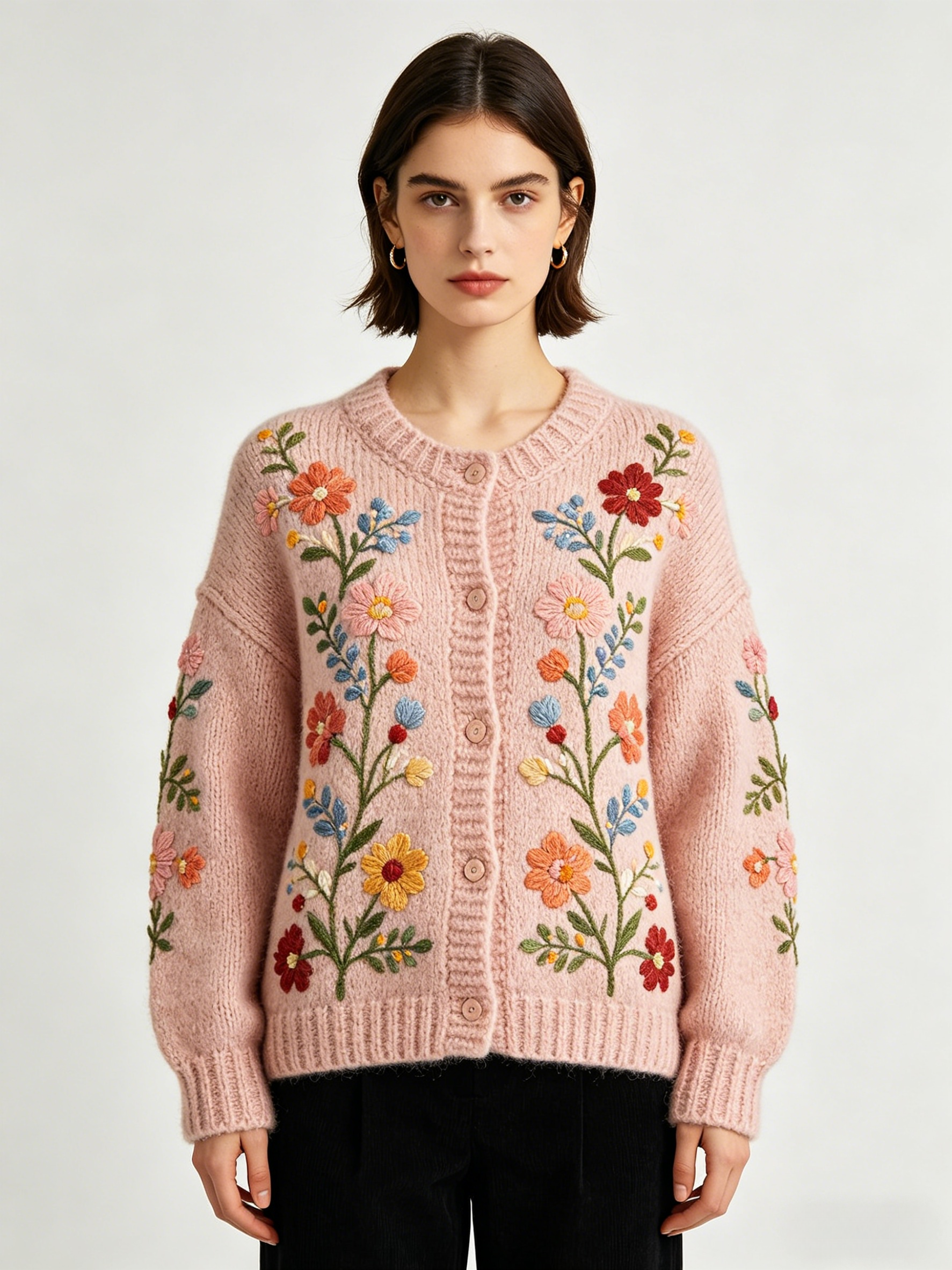 Floral Handmade Embroidery Knit Cardigan