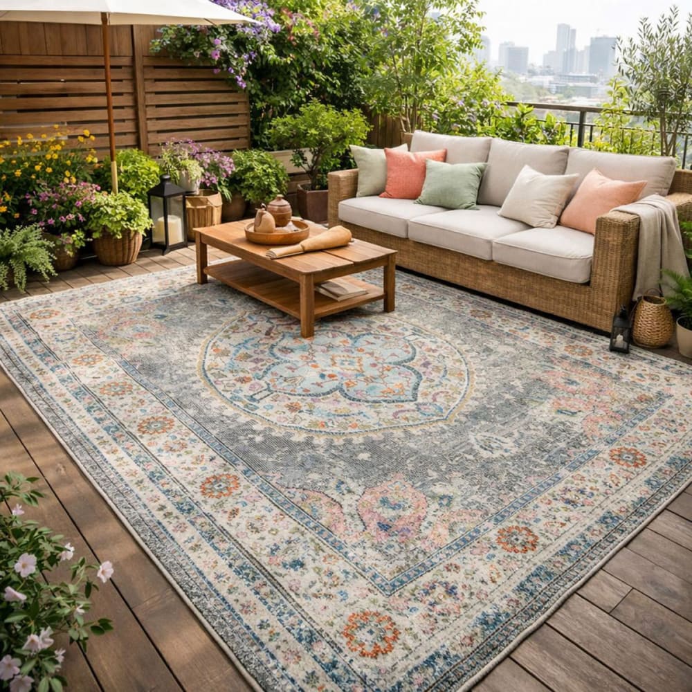 Salout a - Tapis extérieur kilim pour terrasse et jardin gris et bleu 200x290
