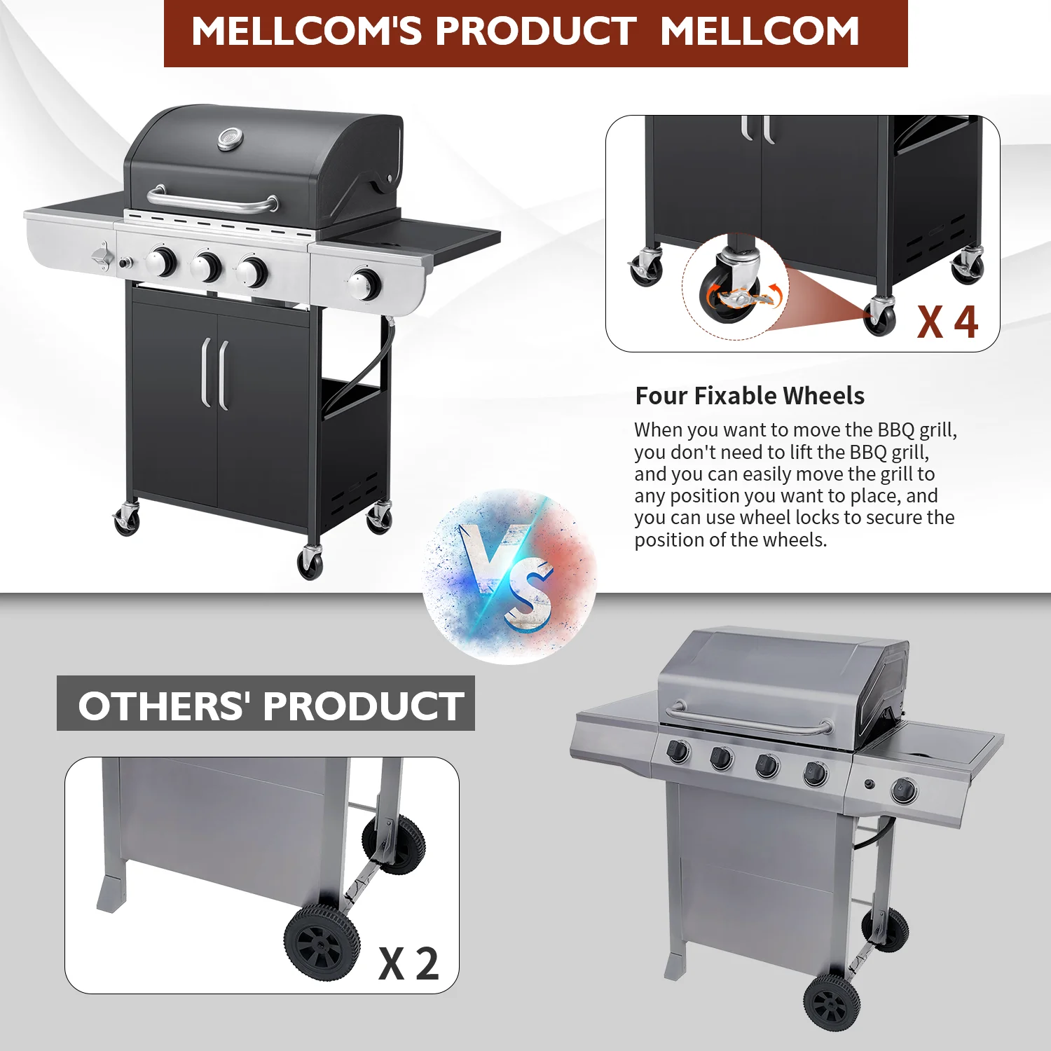 3 Burner BBQ Propane Gas Grill – 24,000/36,000 BTU Stainless Steel with Stove and Side Table