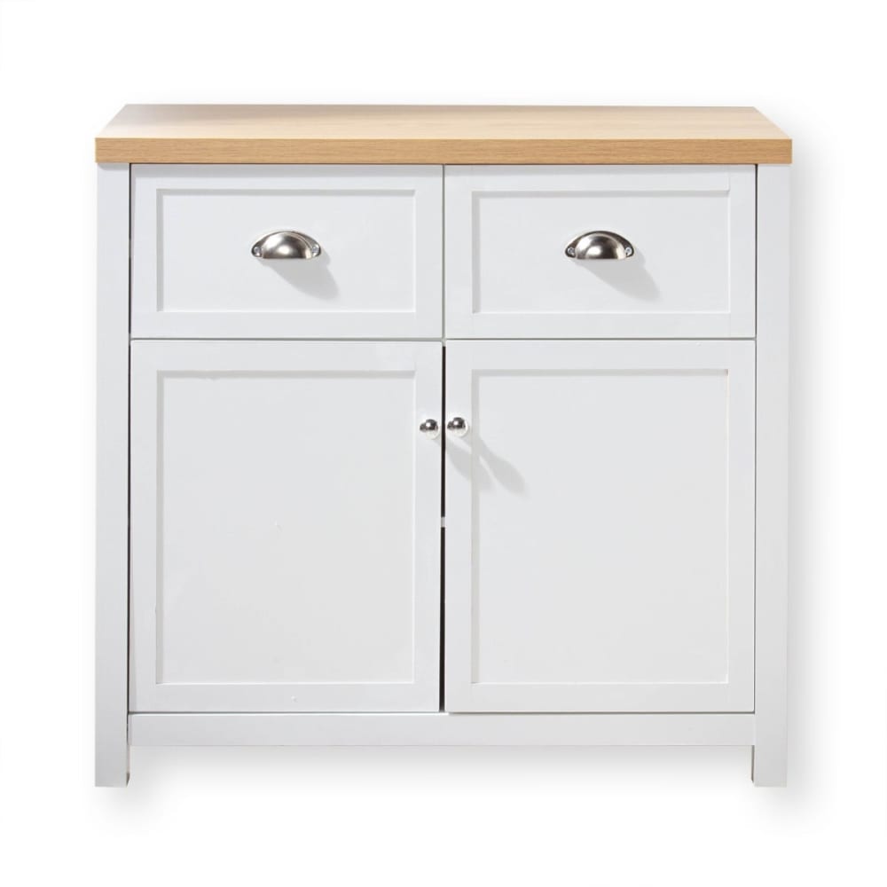 Commode 2 tiroirs 2 portes blanches et décor bois