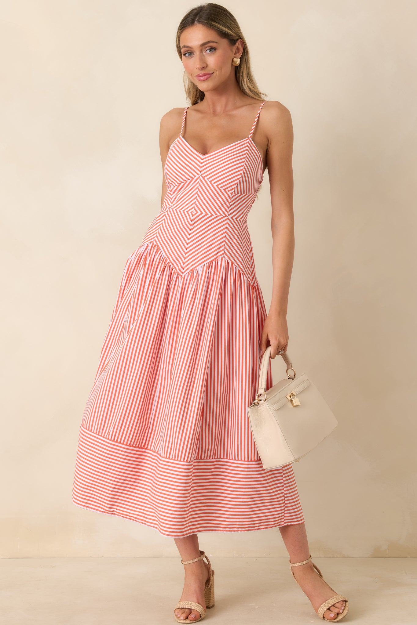 From All Angles Orange & White Stripe Cotton Midi Dress - gazingly