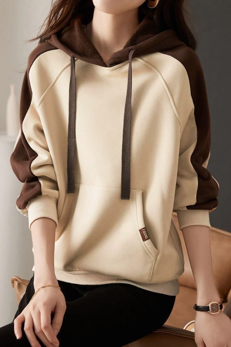Casual Color-Block Loose Hooded Sweatshirt - gazingly