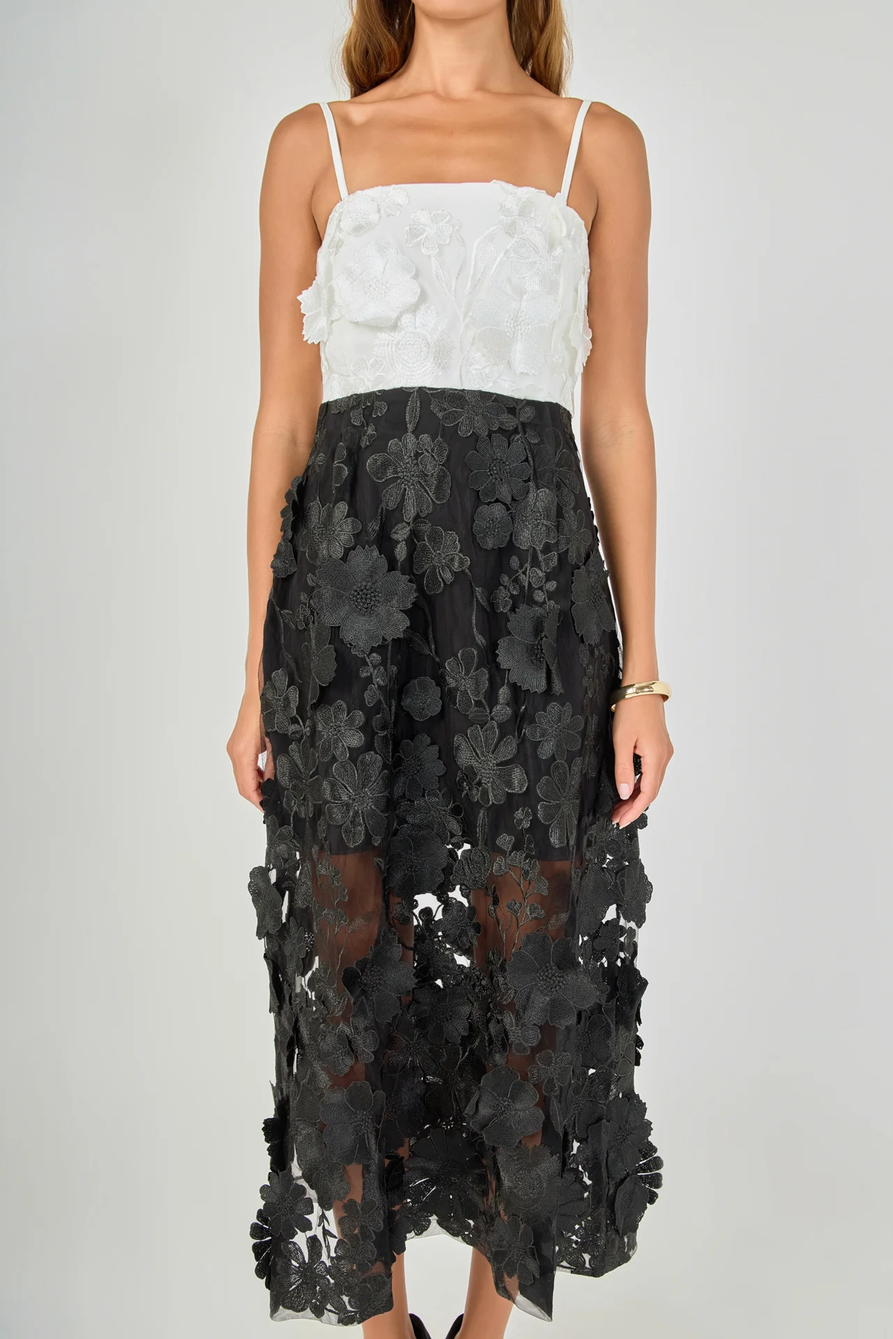 Floral Colorblock Applique Midi Dress - vipsense