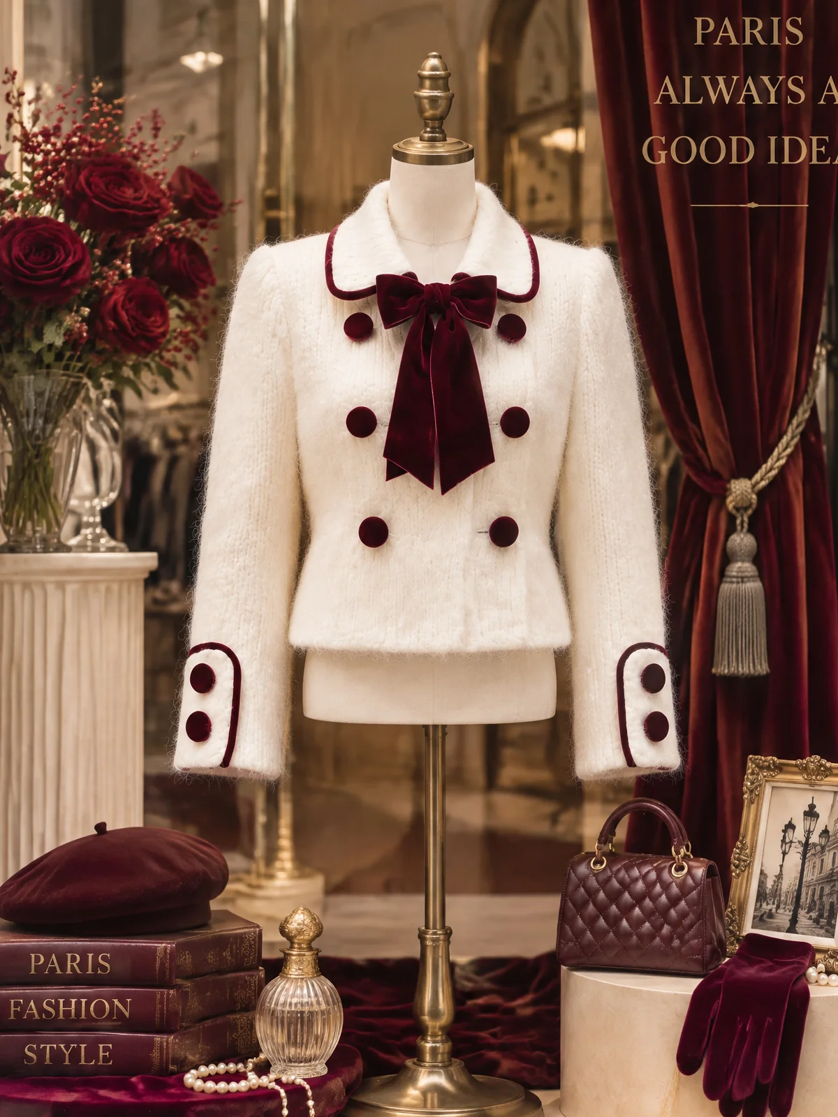 Velvet-Bow Double-Breasted Mohair Knit Cardigan - jugjet