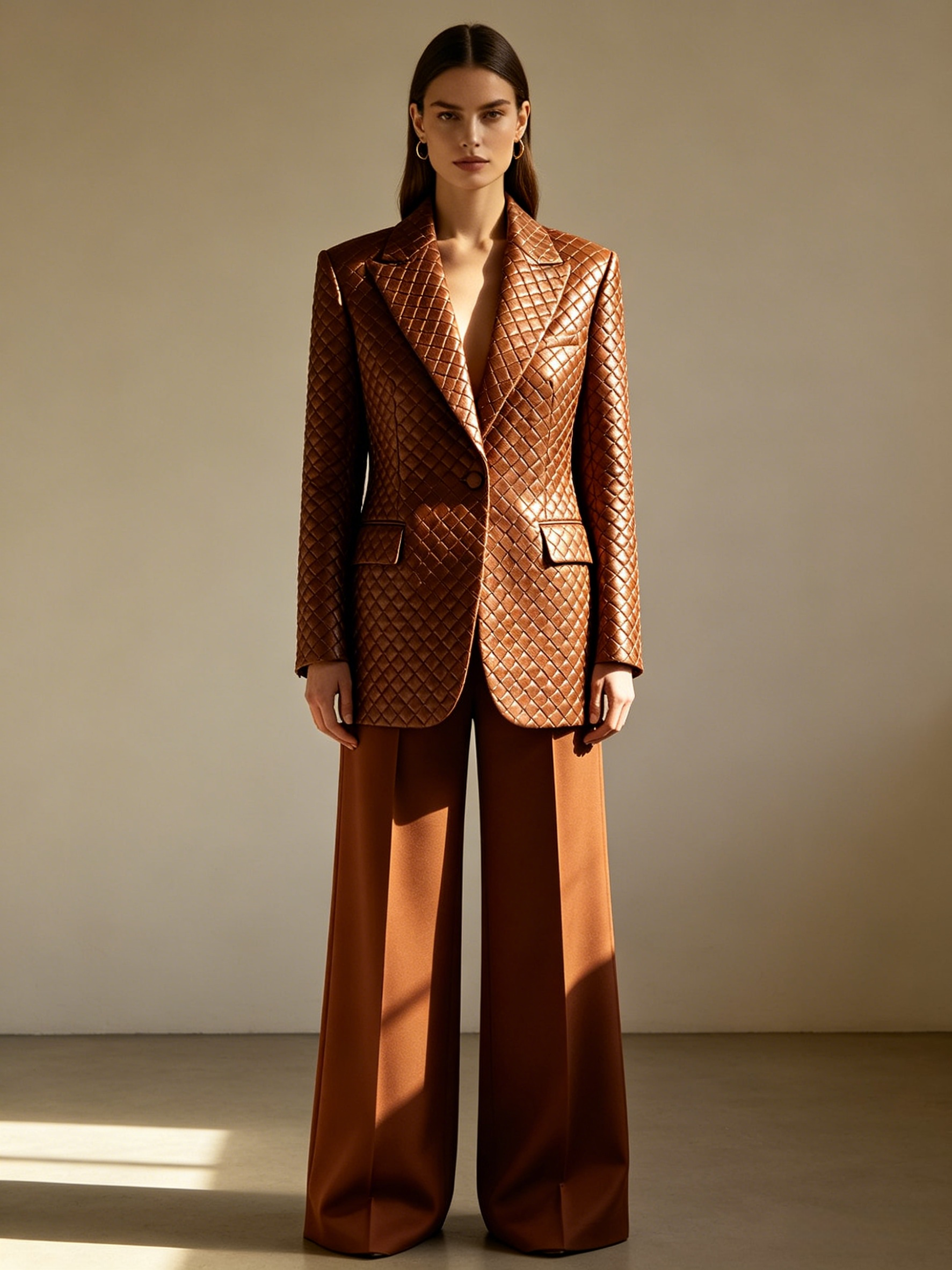 Presence Brown Diamond Blazer & Wide Leg Pants Set