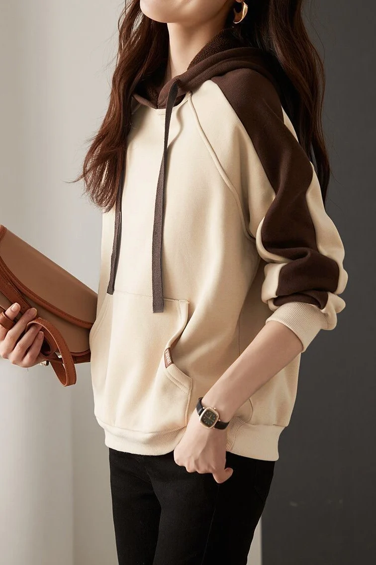 Casual Color-Block Loose Hooded Sweatshirt - gazingly