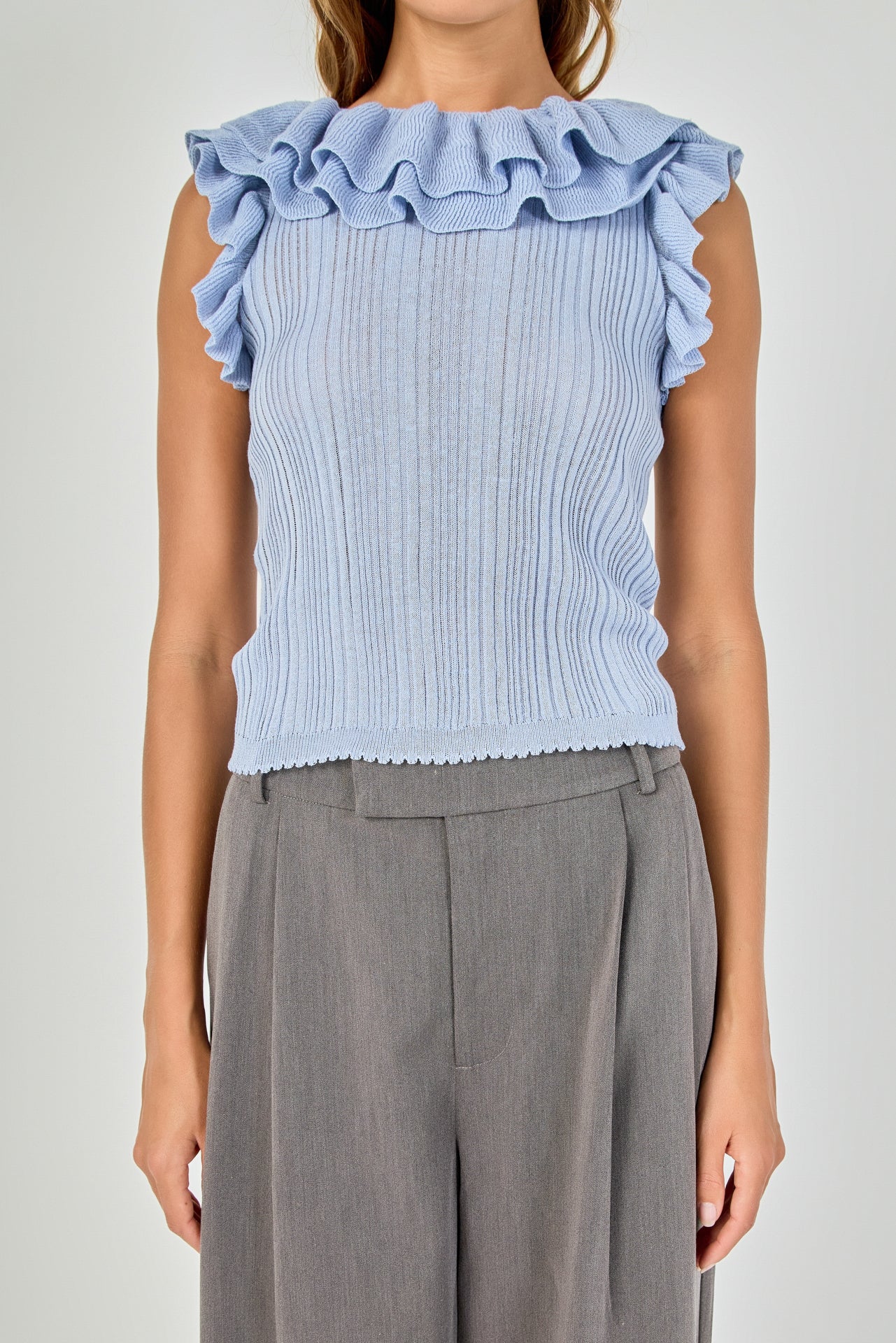 Ruffle Trim Pleated Knit Top - vipsense