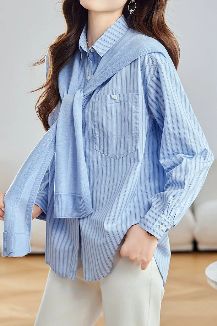 Casual Striped Patch Pocket Pure Cotton Shirt And Knit Shawl Two‑Piece Set - gazingly