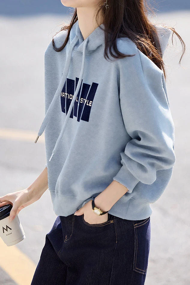 Casual Hooded Drawstring Letter Drop‑Shoulder Long‑Sleeve Sweatshirt - gazingly