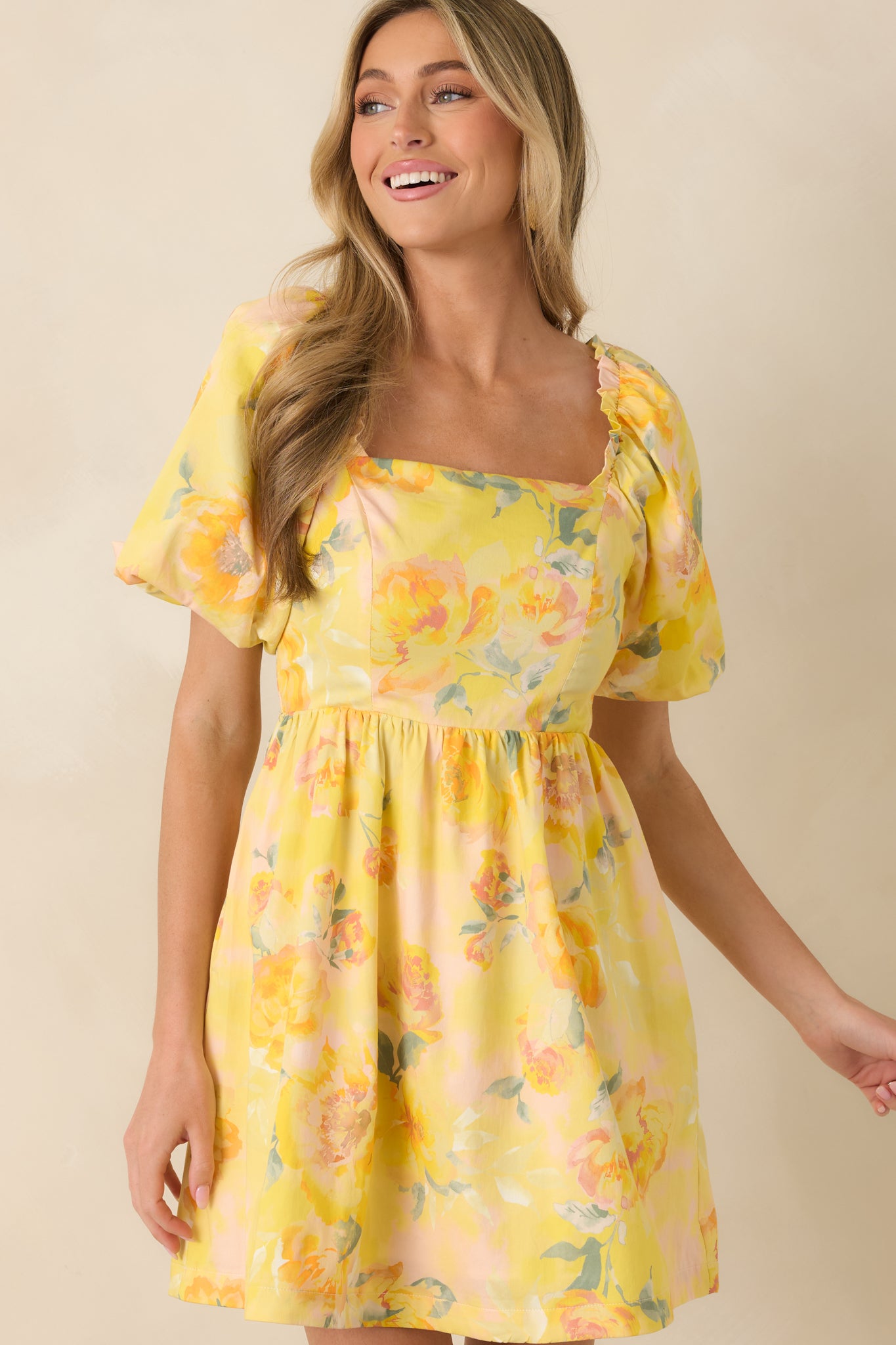 Butter Yellow Multi Floral Cotton Mini Dress - gazingly