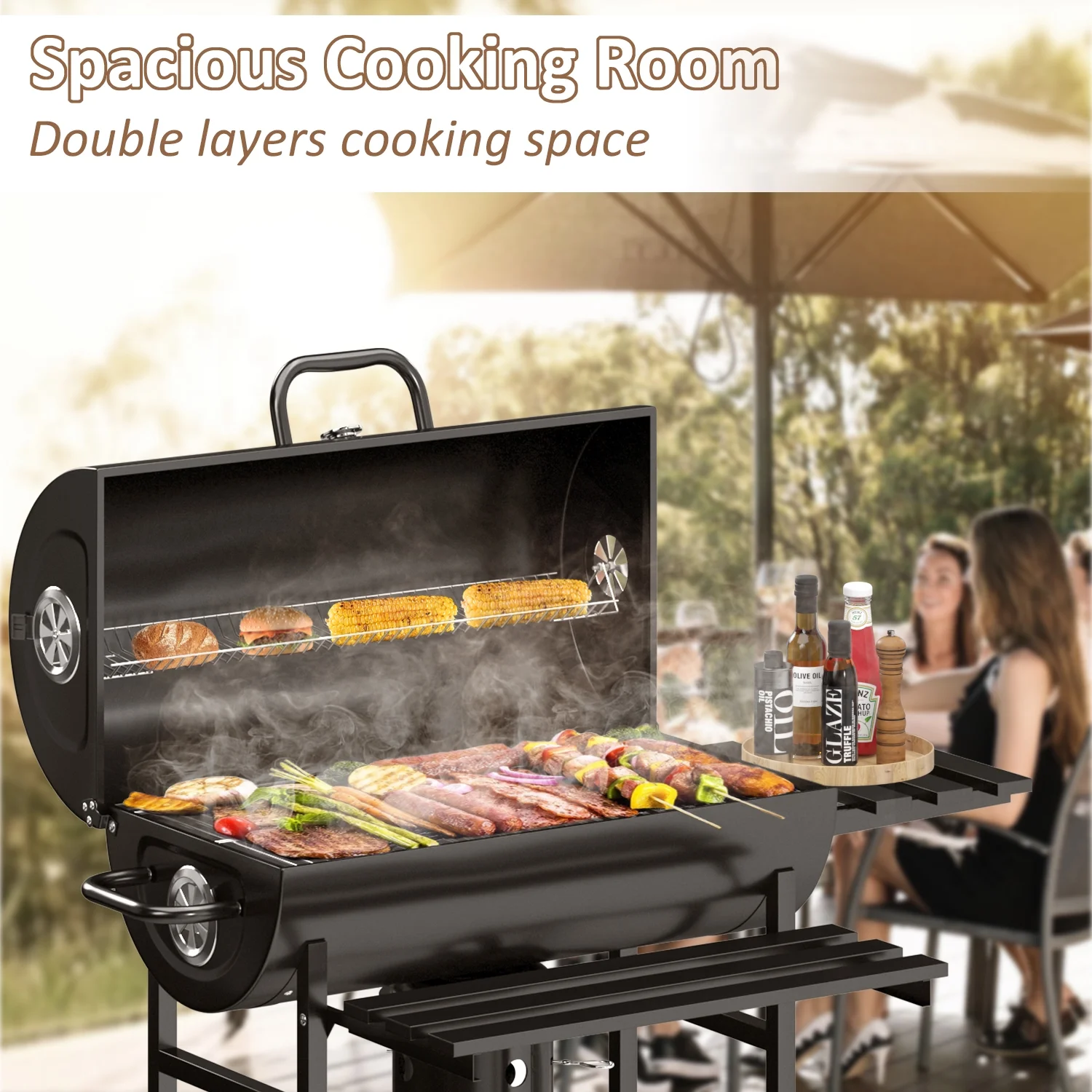 29�� Barrel Outdoor Charcoal Grill with Side Shelf and Wheels, Black
