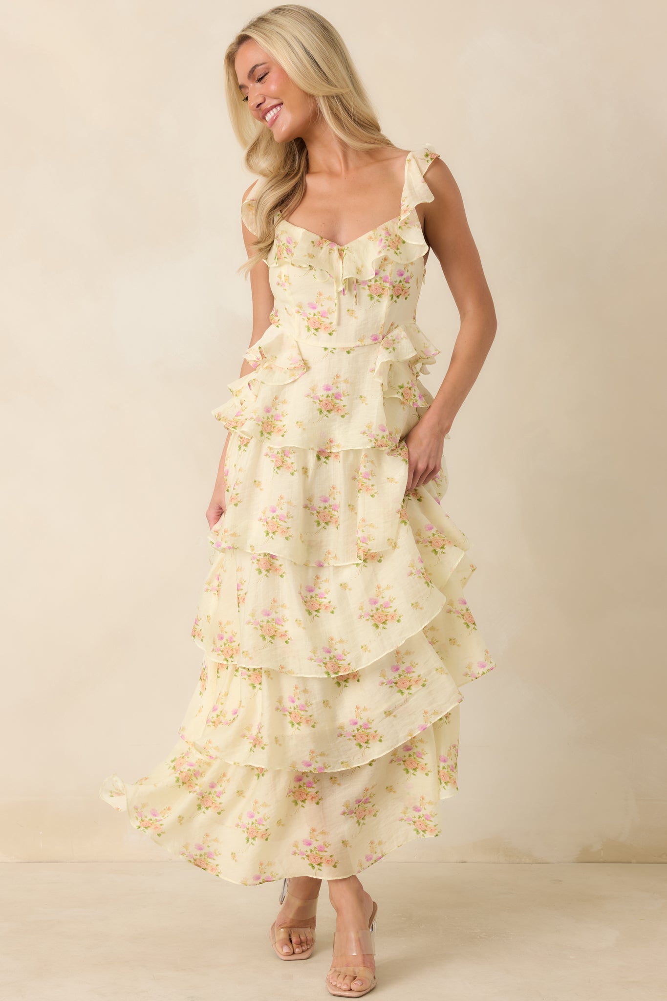 Yellow Floral Ruffle Tiered Maxi Dress - gazingly