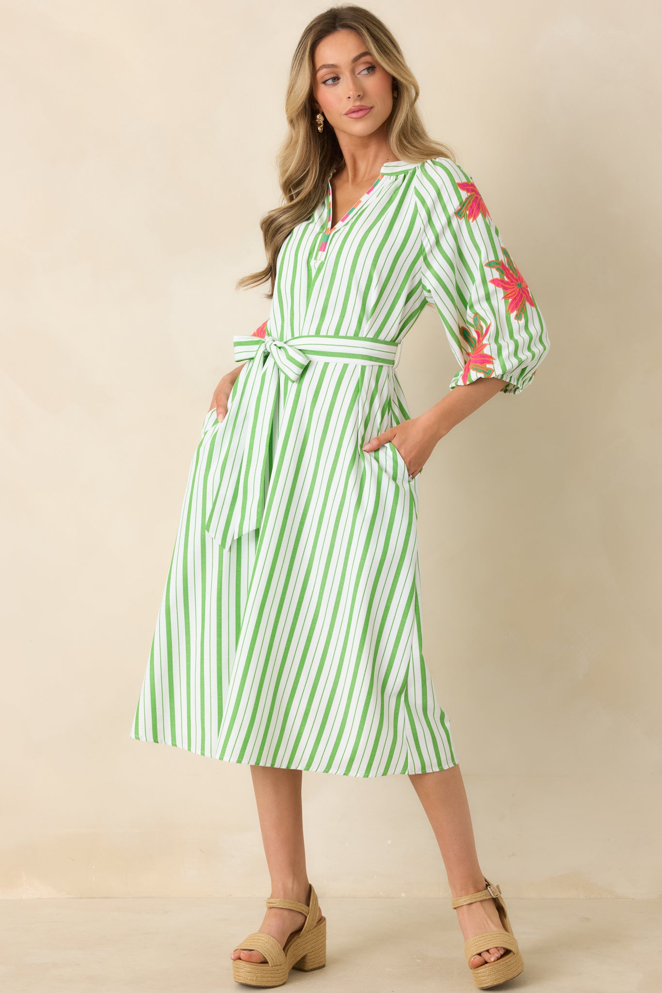 Having a Bright Outlook Green Stripe Floral Midi Dress - gazingly