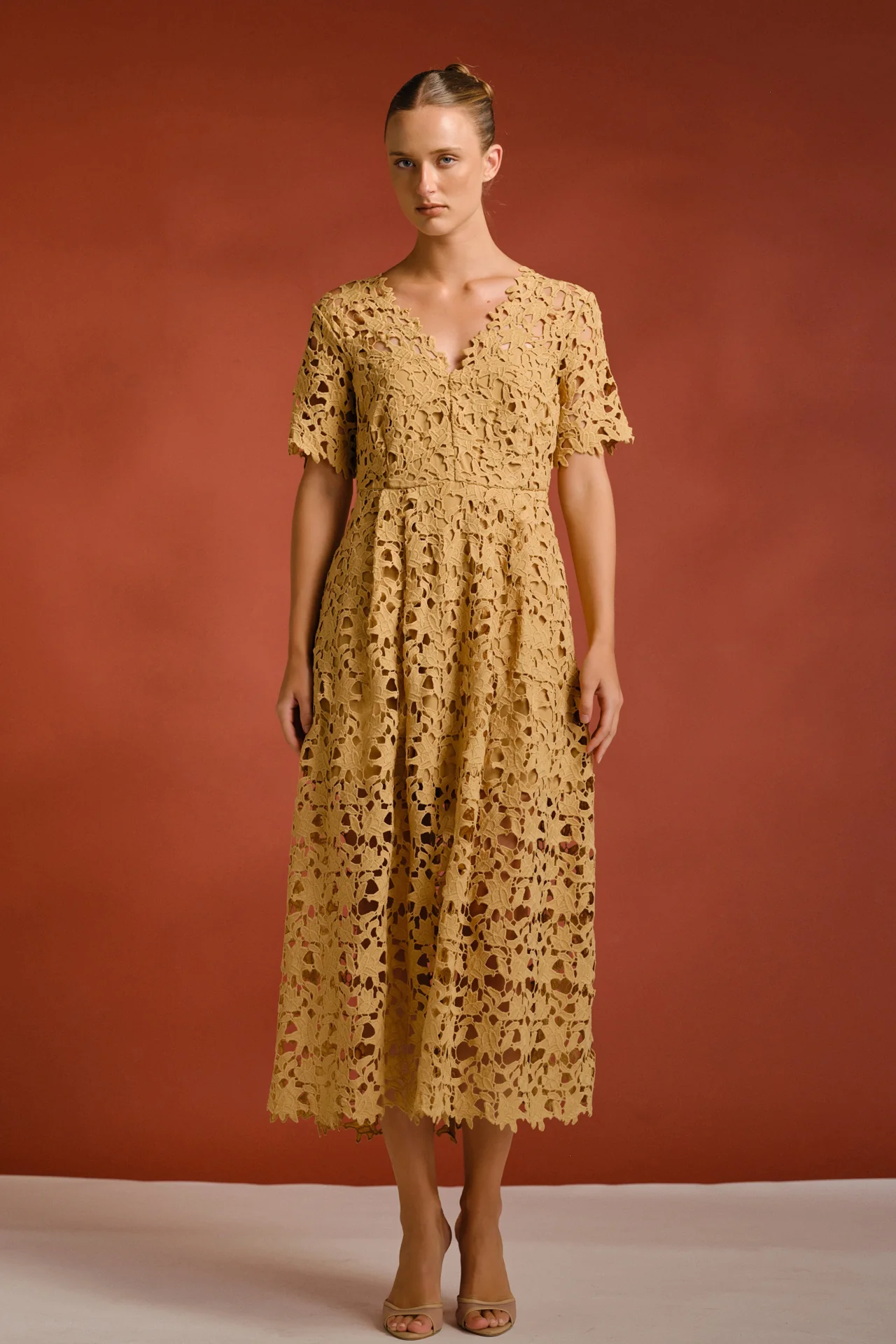 All Over Lace Short Sleeves Midi Dress - vipsense