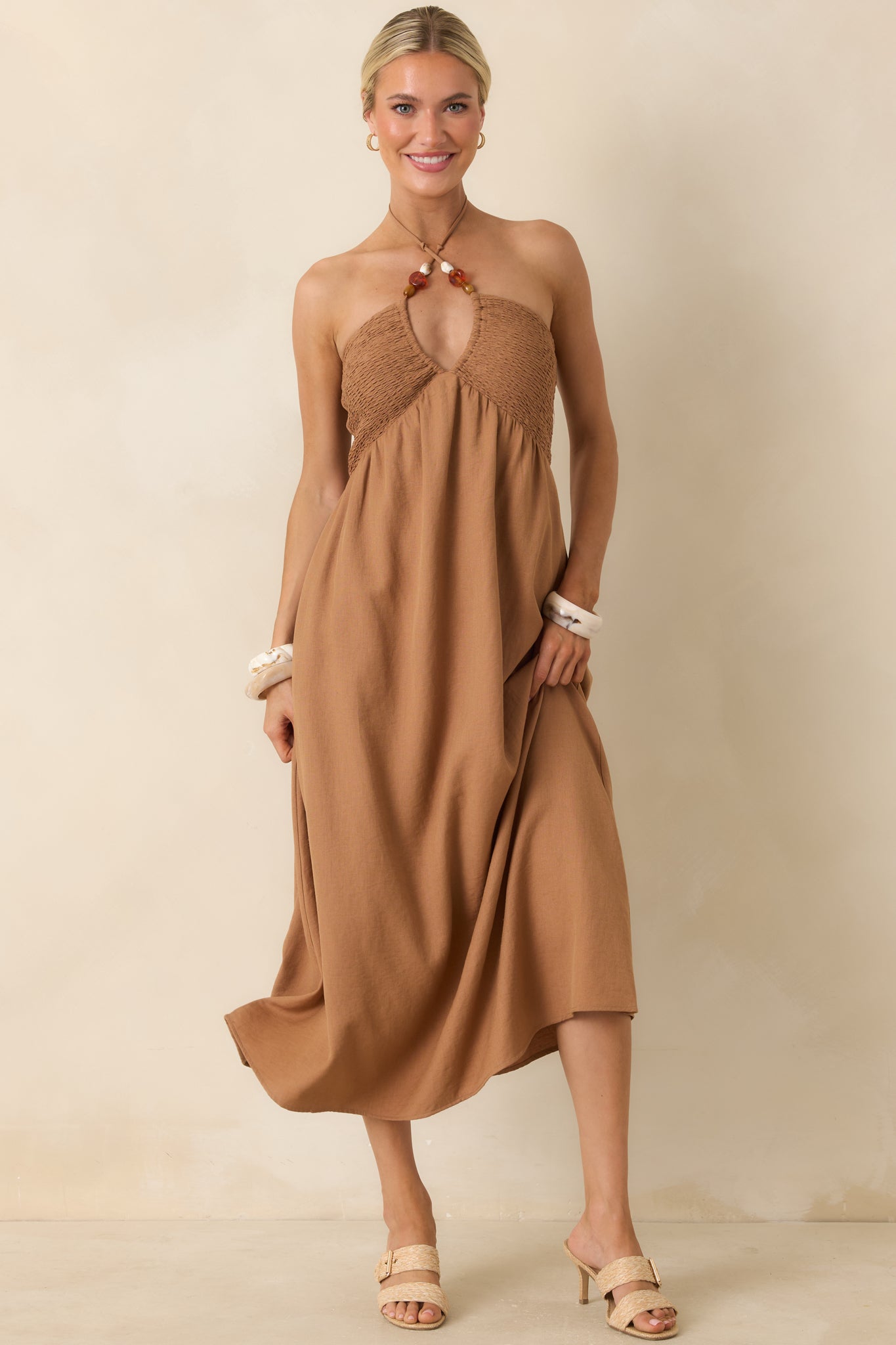 Life is But a Dream Chestnut Brown Beaded Halter Midi Dress - gazingly