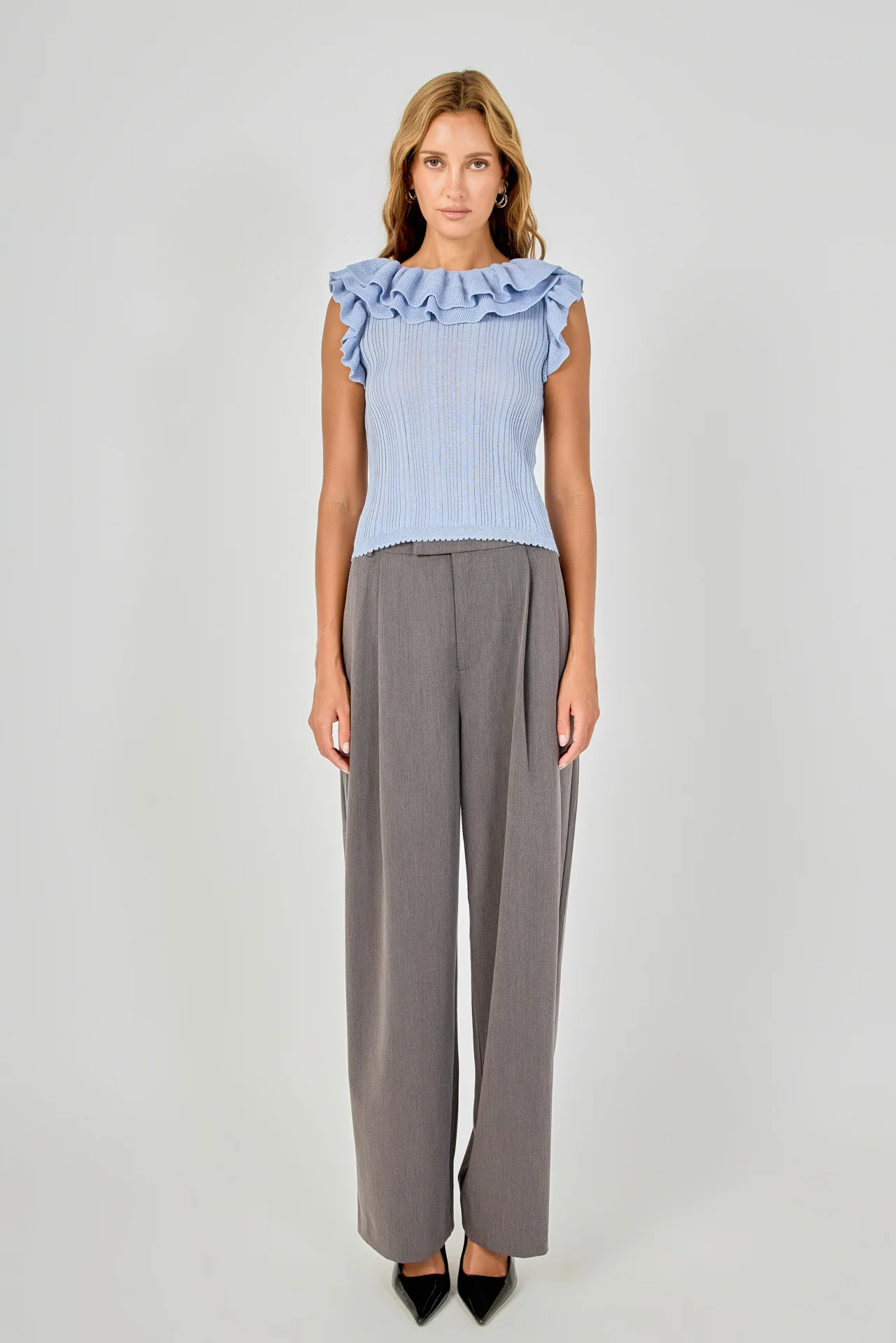 Ruffle Trim Pleated Knit Top - vipsense