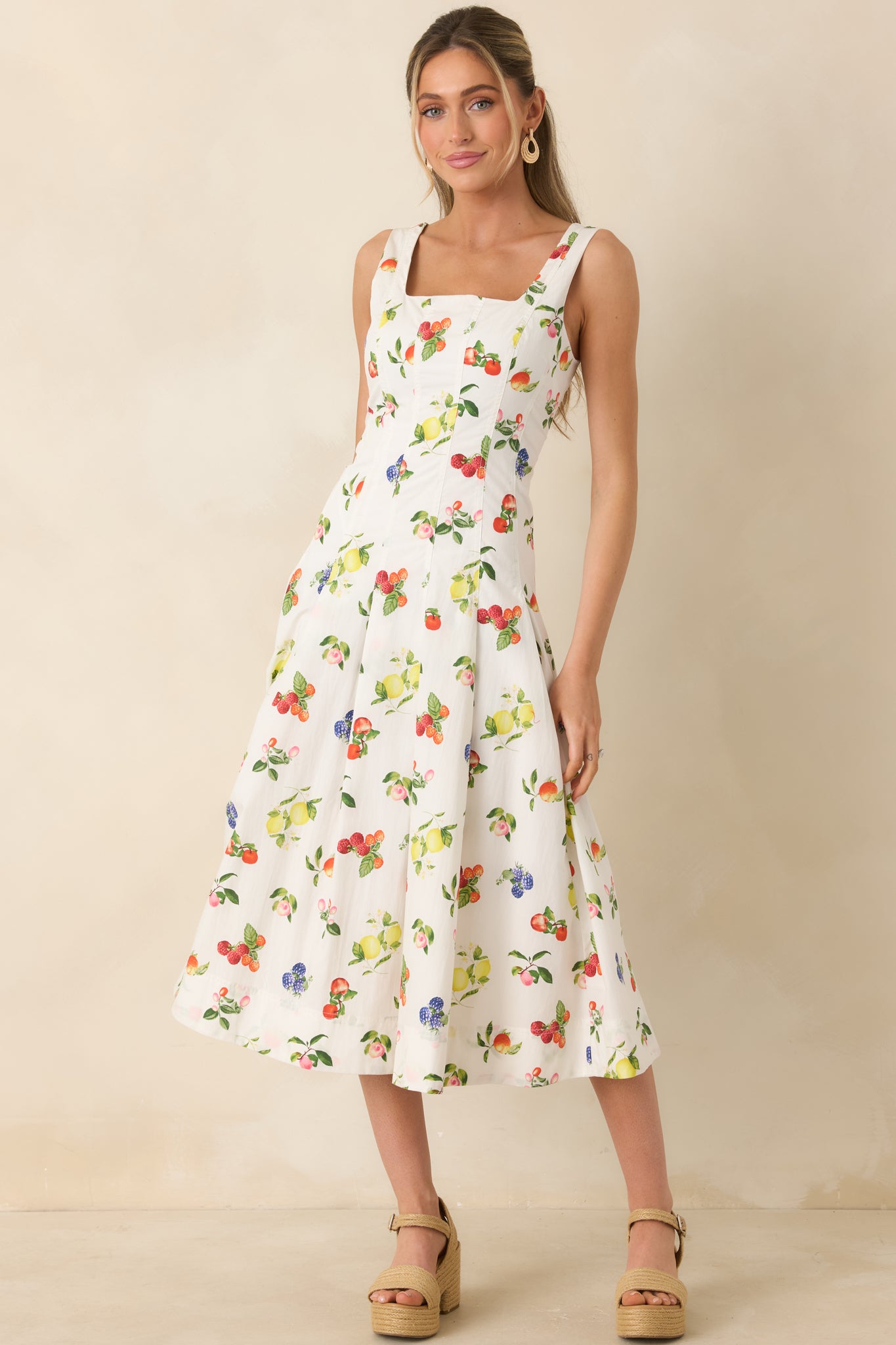 Sweet on Summer White Multi Cotton Fruit Print Midi Dress - gazingly