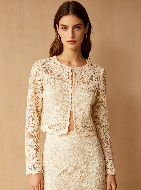 Beige Lace Embroidered Top & Skirt Set