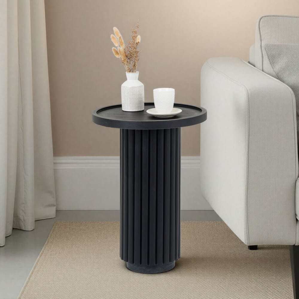 Beja - Table d'appoint ronde en bois de manguier massif et marbre, noir
