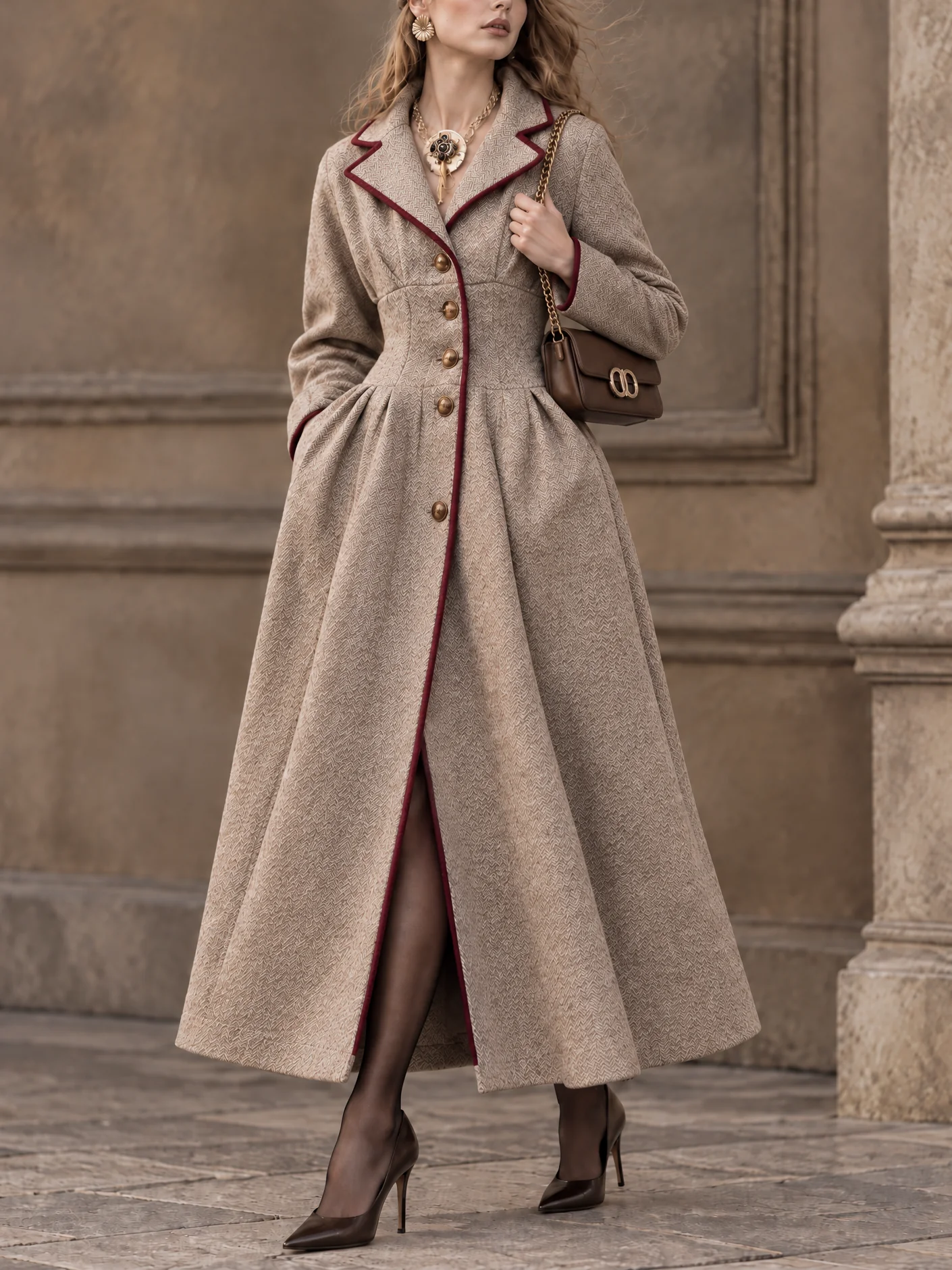 Color Block Contrast Binding Lapel Wool Blend Coat - jugjet