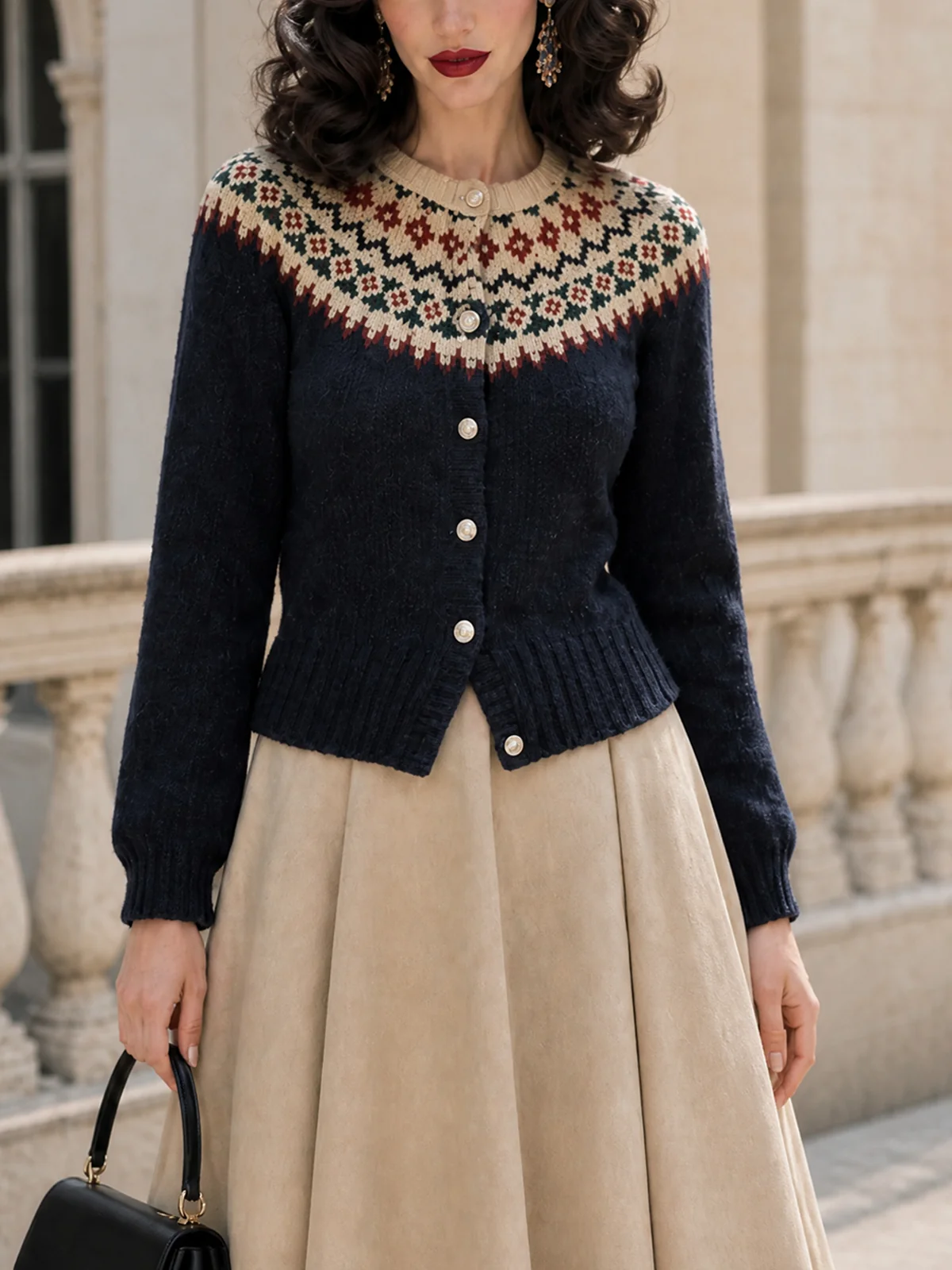 Fair Isle Yoke Buttoned Knit Cardigan - jugjet
