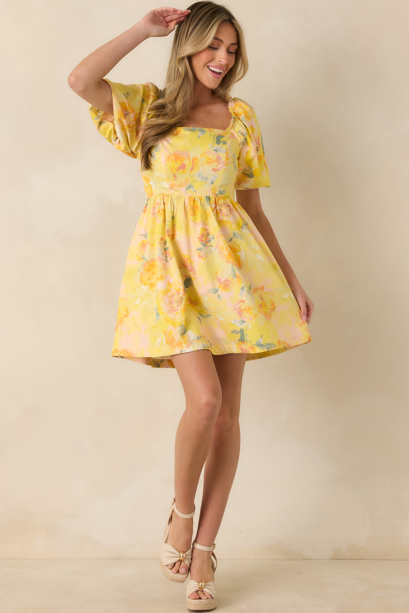 Butter Yellow Multi Floral Cotton Mini Dress - gazingly