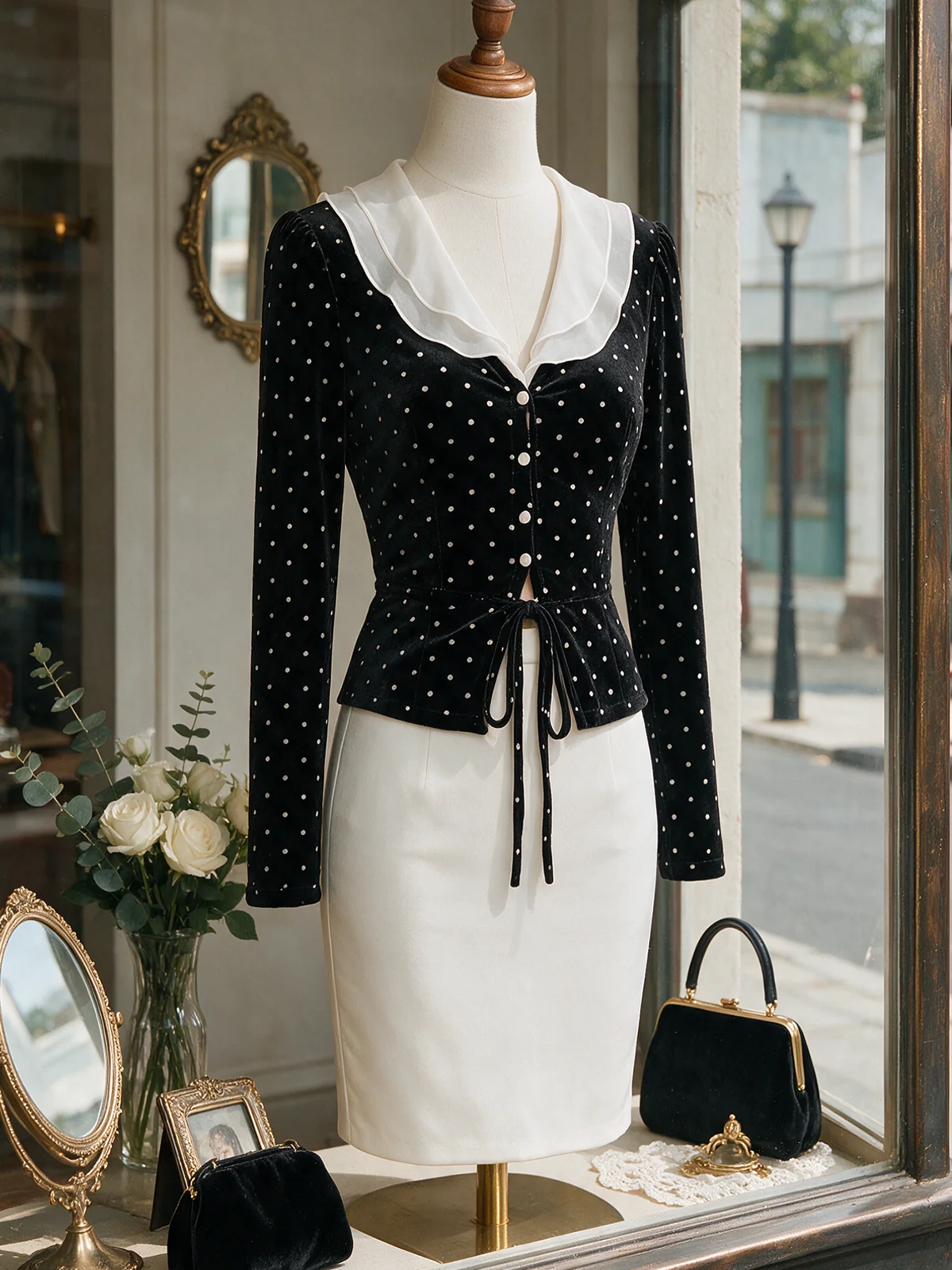 Black Polka-Dot White-Collar Velvet Peplum Blouse - jugjet