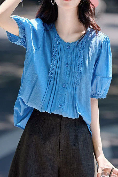 Casual Commuter Lace Trim Pleated Shirt - gazingly