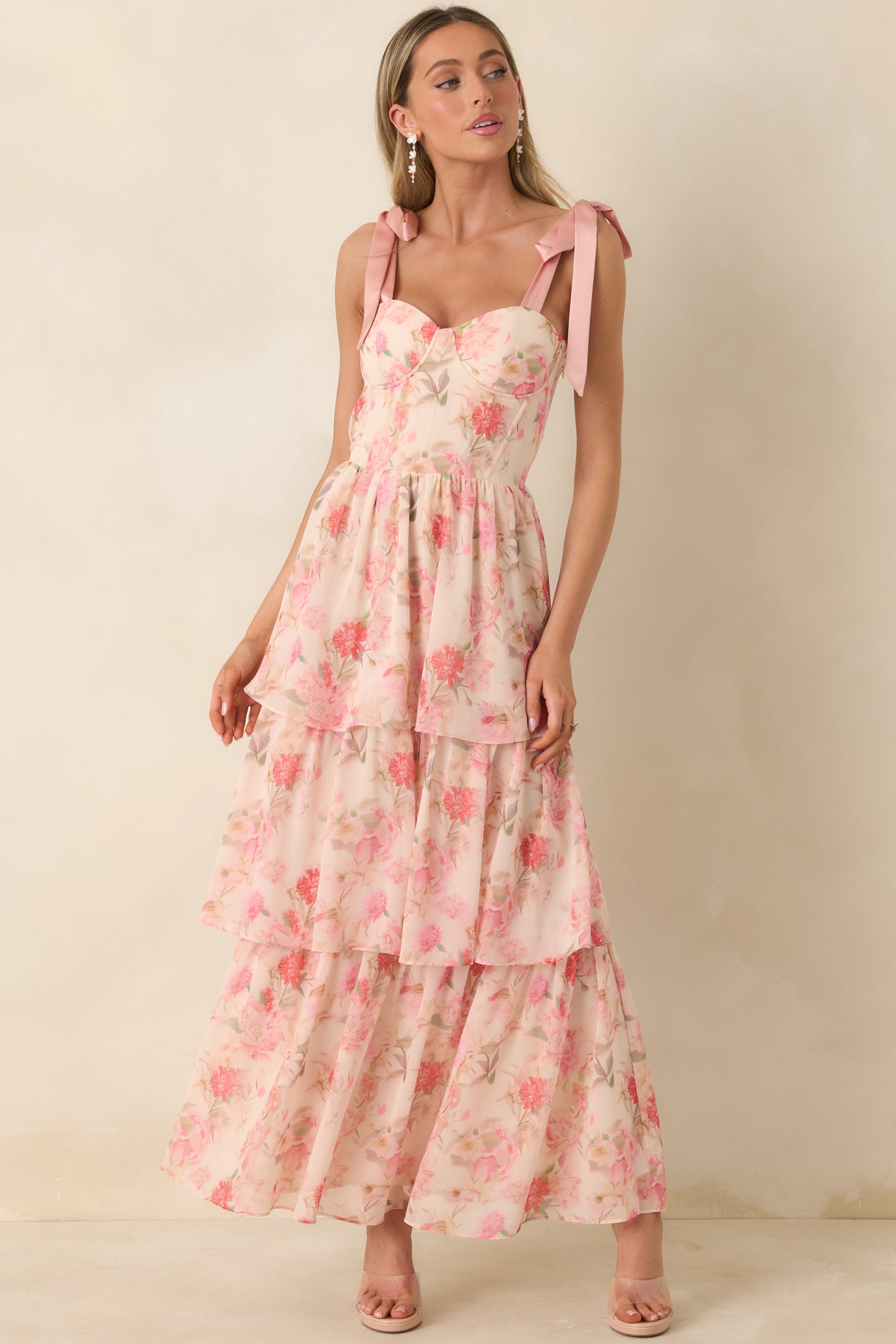 Written in Flowers Coral Pink Floral Tie Strap Maxi Dress - gazingly