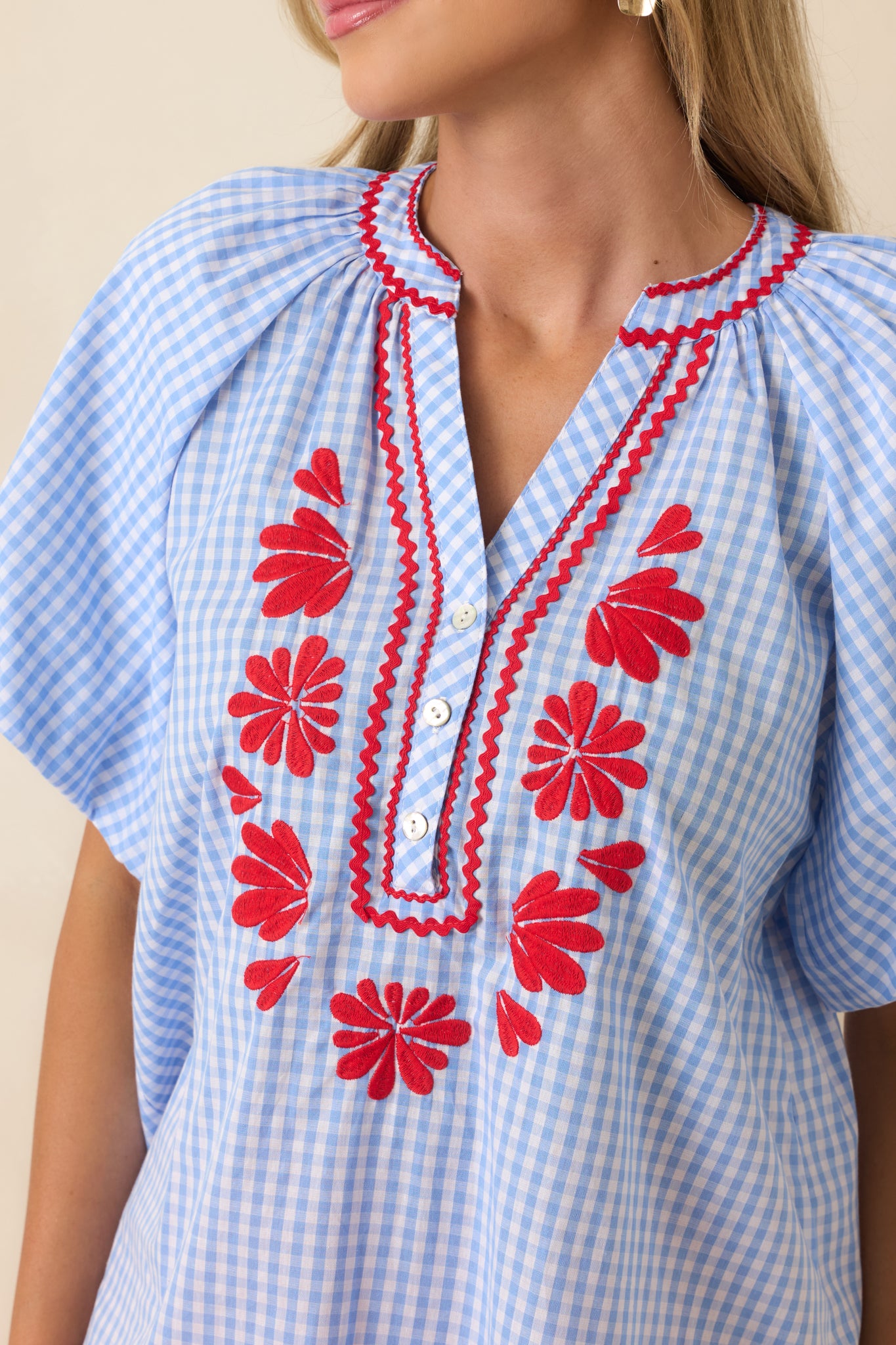 Stars, Stripes & Strawberry Pie Light Blue Gingham Embroidered Cotton Top - gazingly
