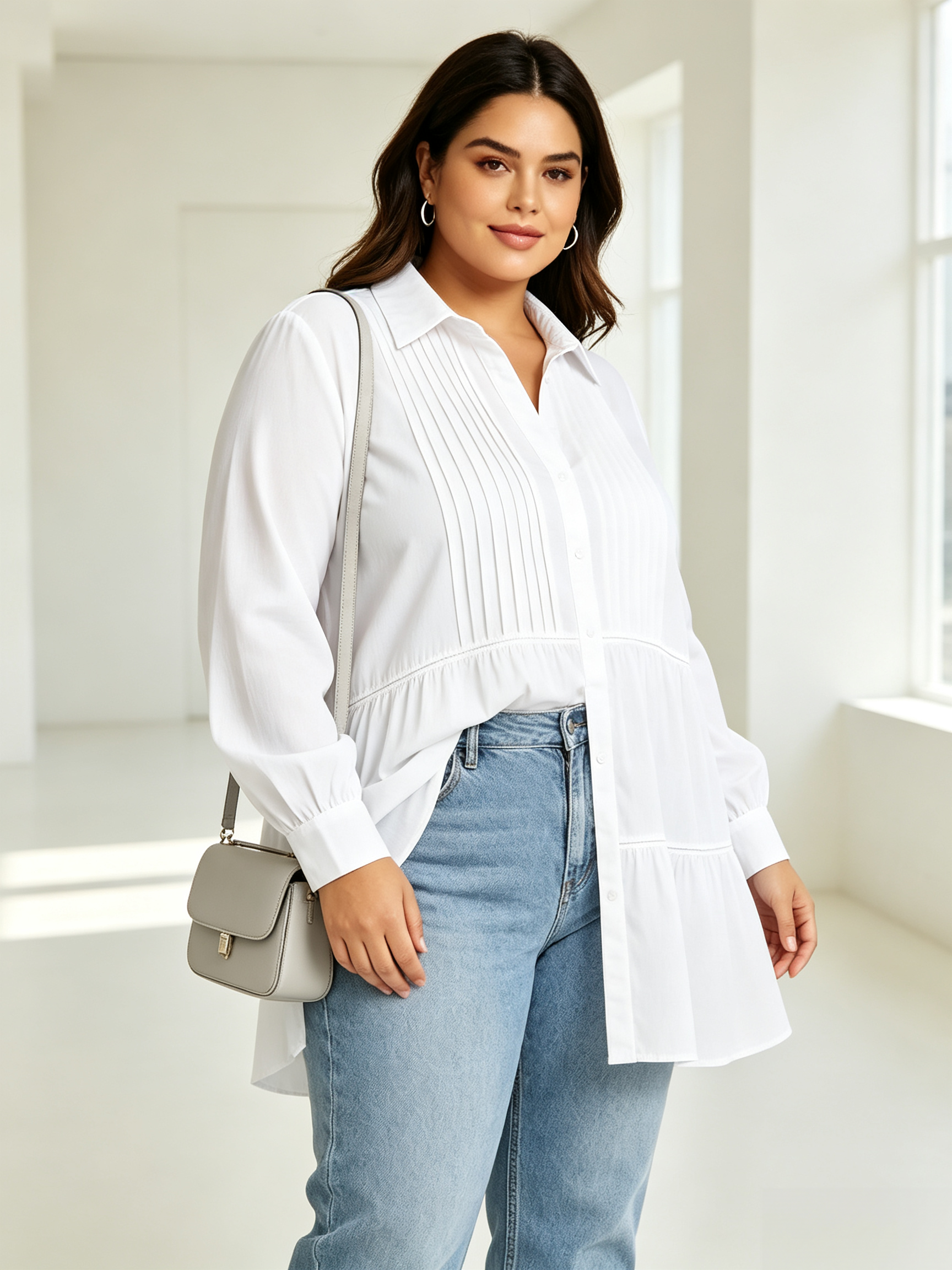 Pleated Solid Color Split-Joint Tiered Long Sleeves Plus Size Lapel Blouses&Shirts Tops