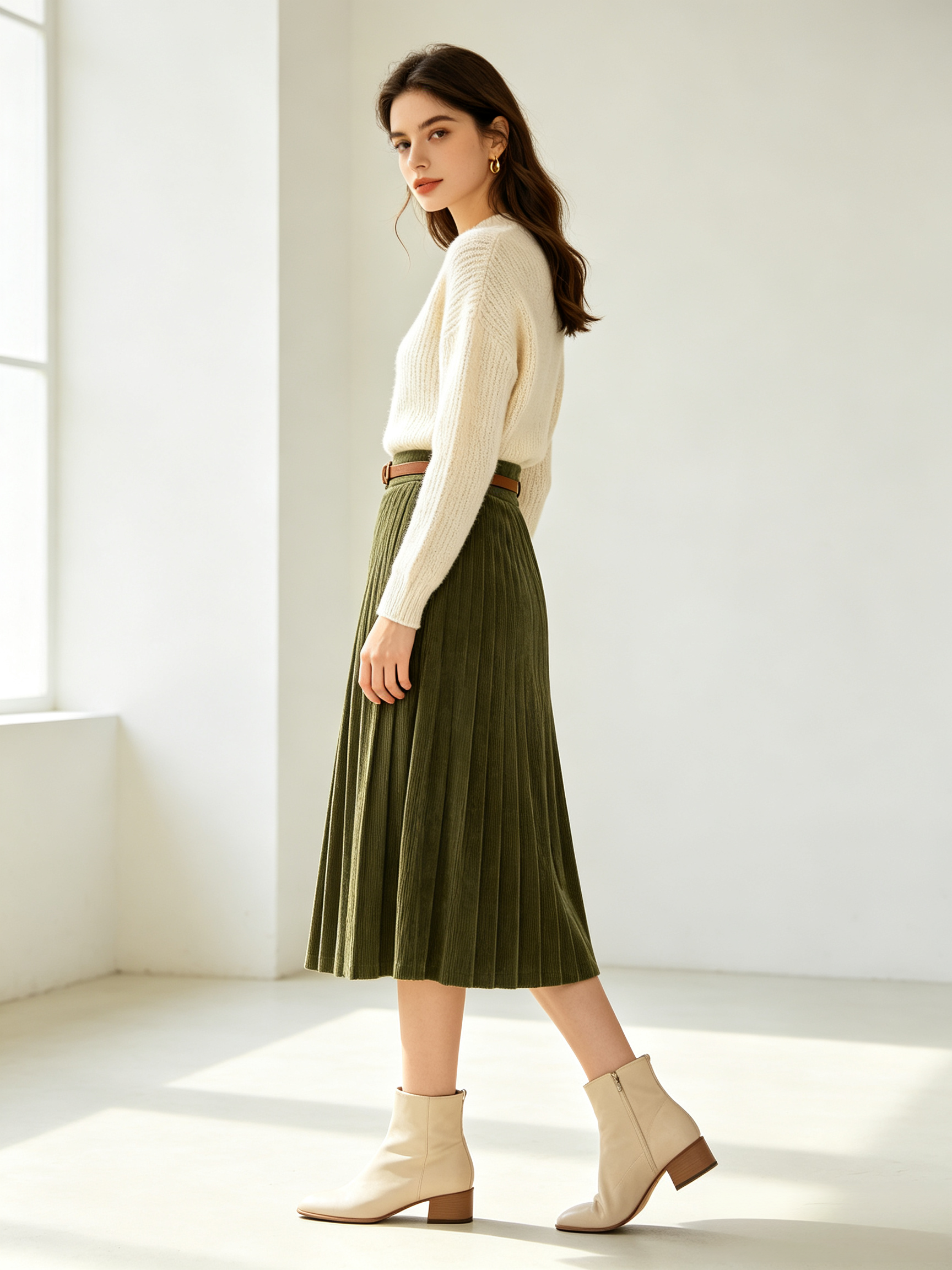 Pleated Corduroy Midi Skirt