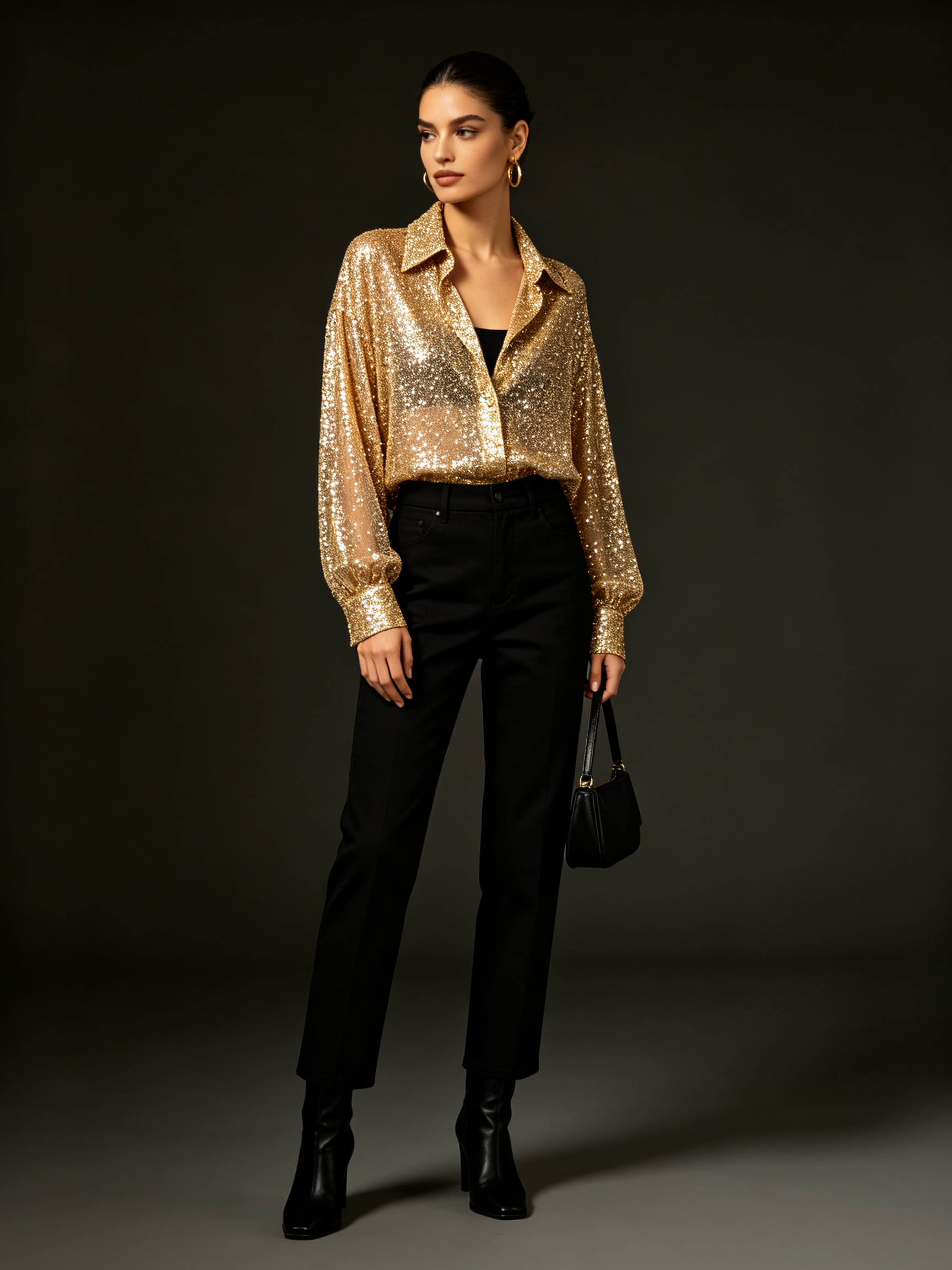 Women's Sequin Lapel Shirt Casual Glitter Loose Long Sleeve Retro Sexy See-through Black Streetwear Top