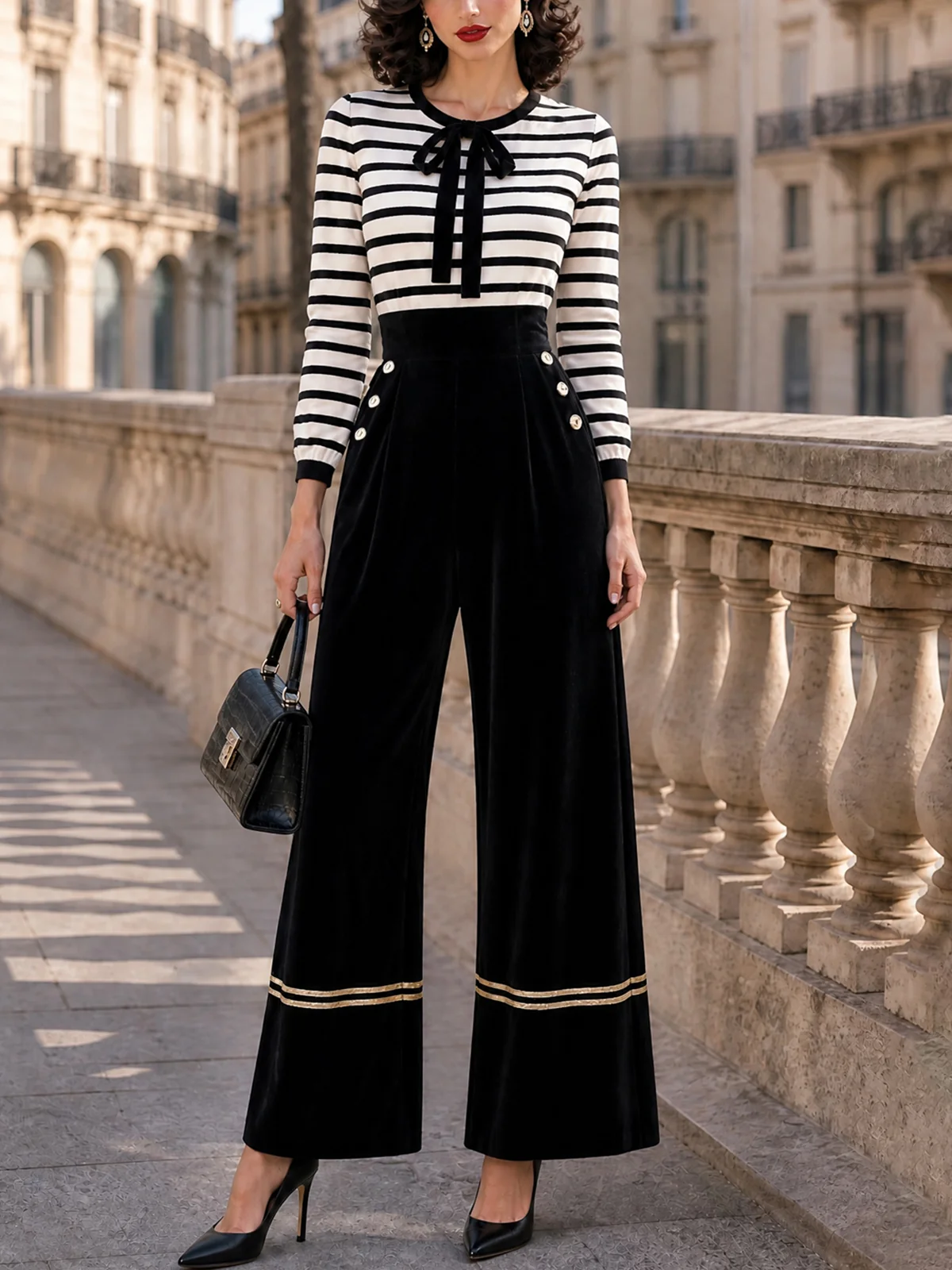 Striped Bow-Neck Velvet Wide-Leg Jumpsuit - jugjet
