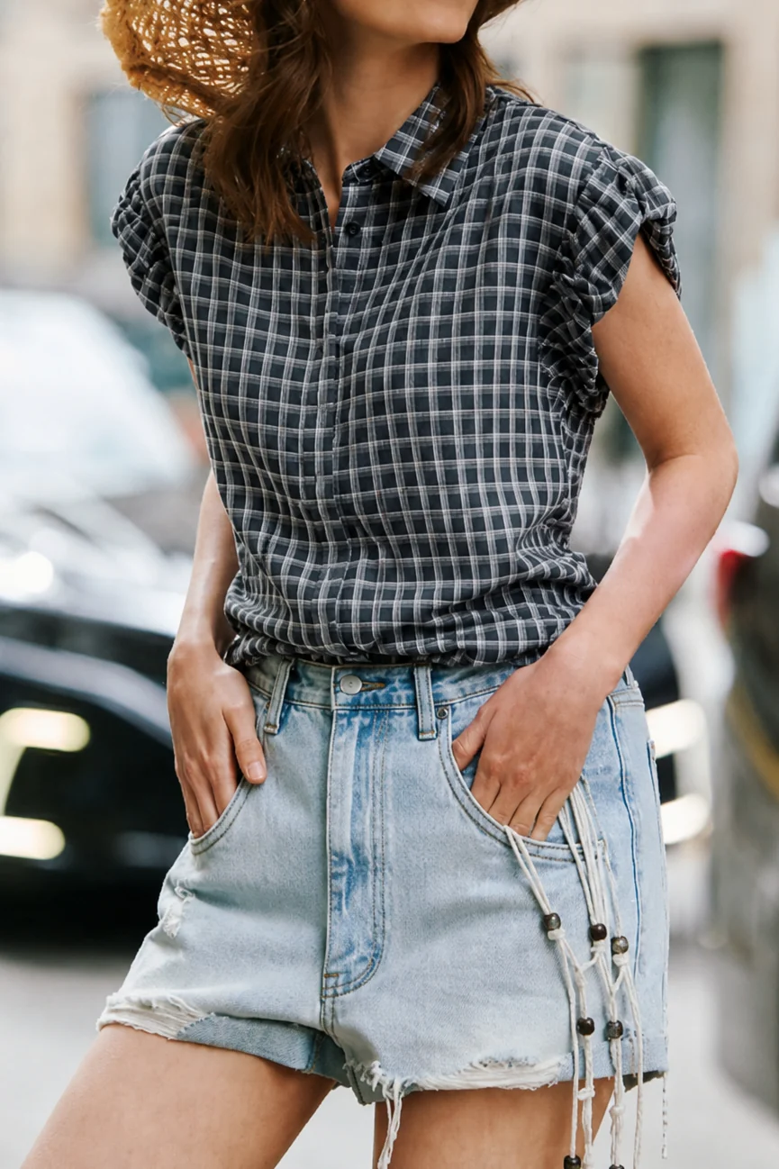 Vintage Commuter Plaid Ruched Blouse - gazingly
