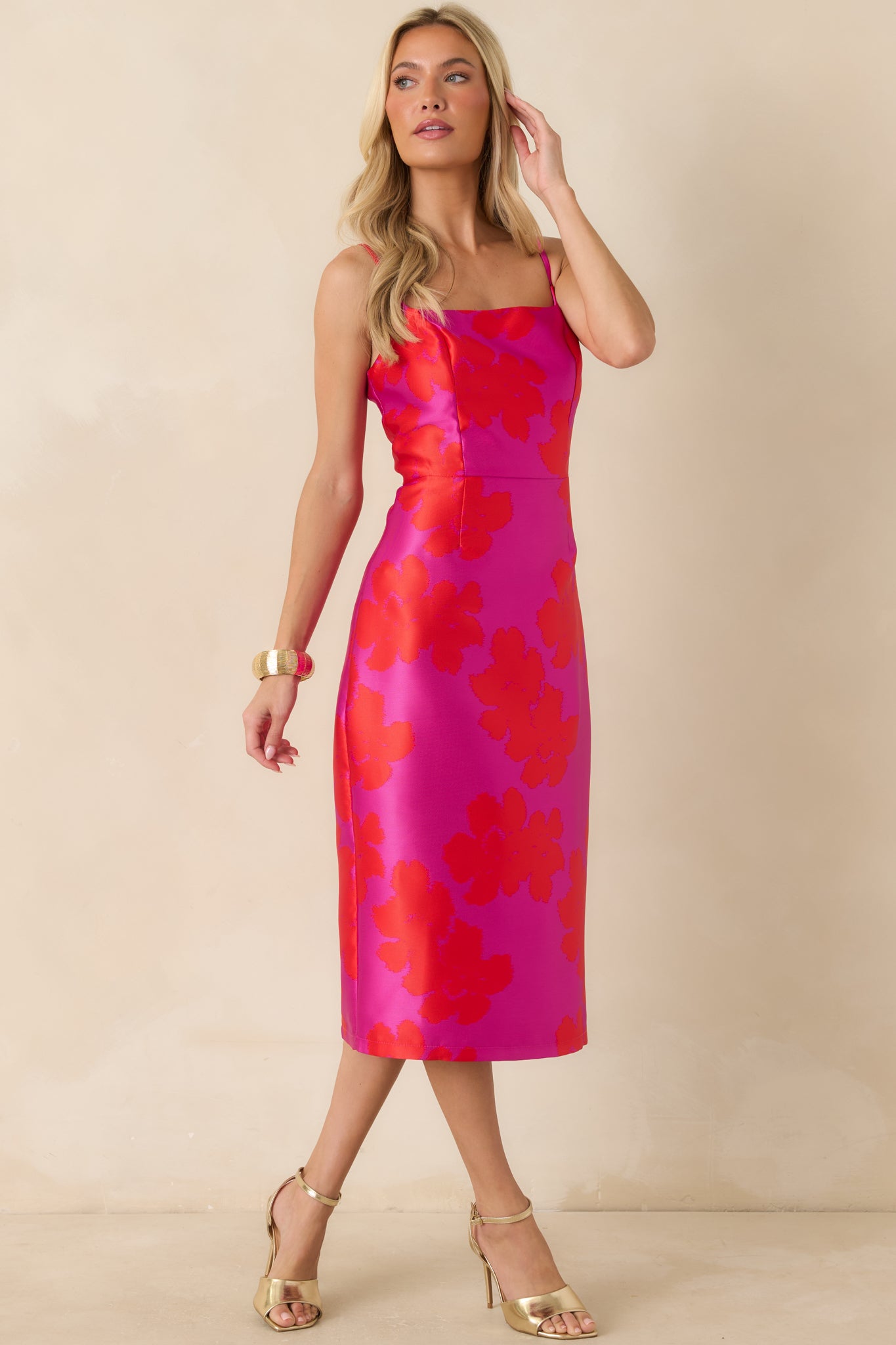 Make an Entrance Fuchsia & Red Floral Jacquard Midi Dress - gazingly