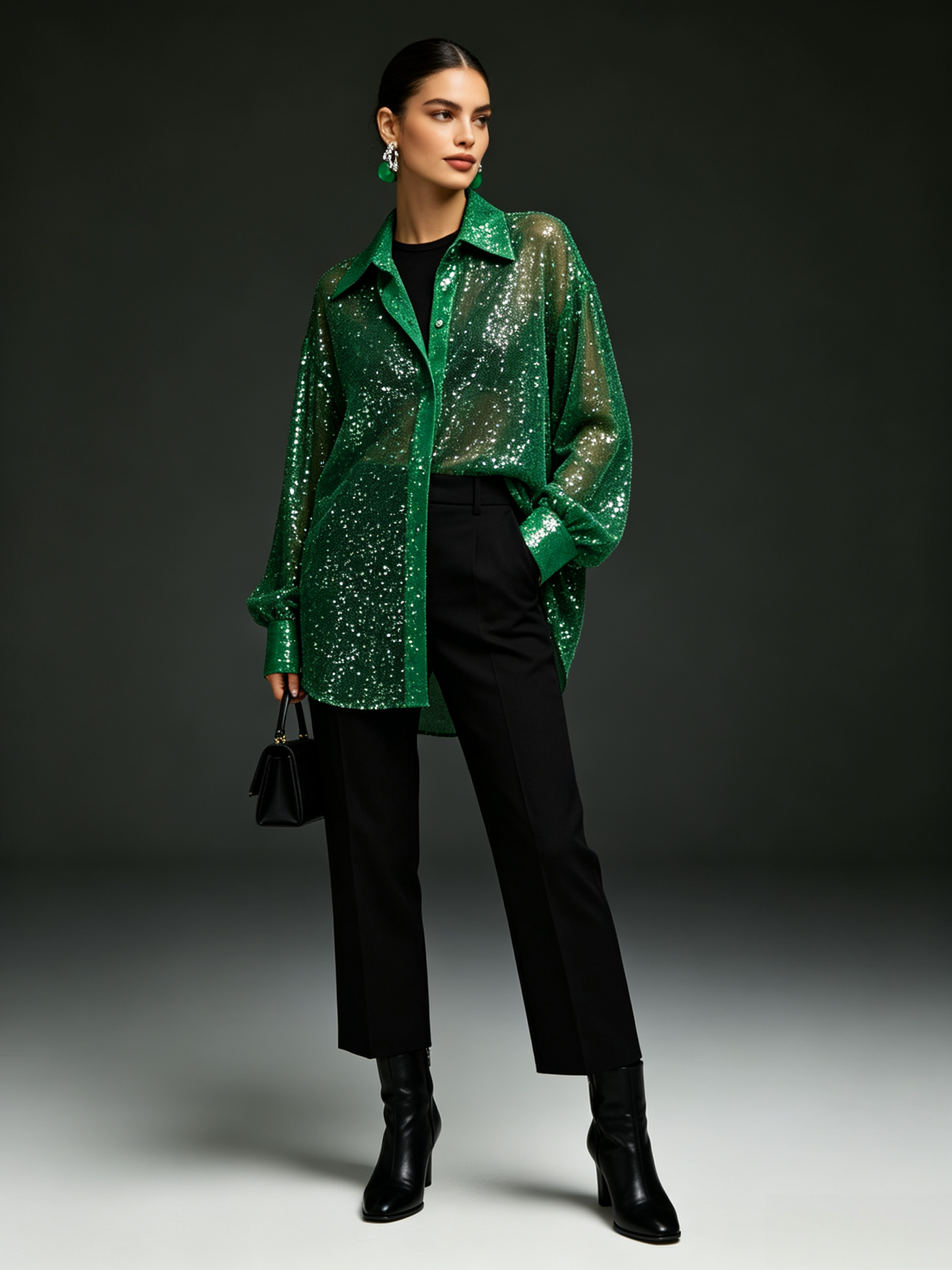 Women's Sequin Lapel Shirt Casual Glitter Loose Long Sleeve Retro Sexy See-through Black Streetwear Top