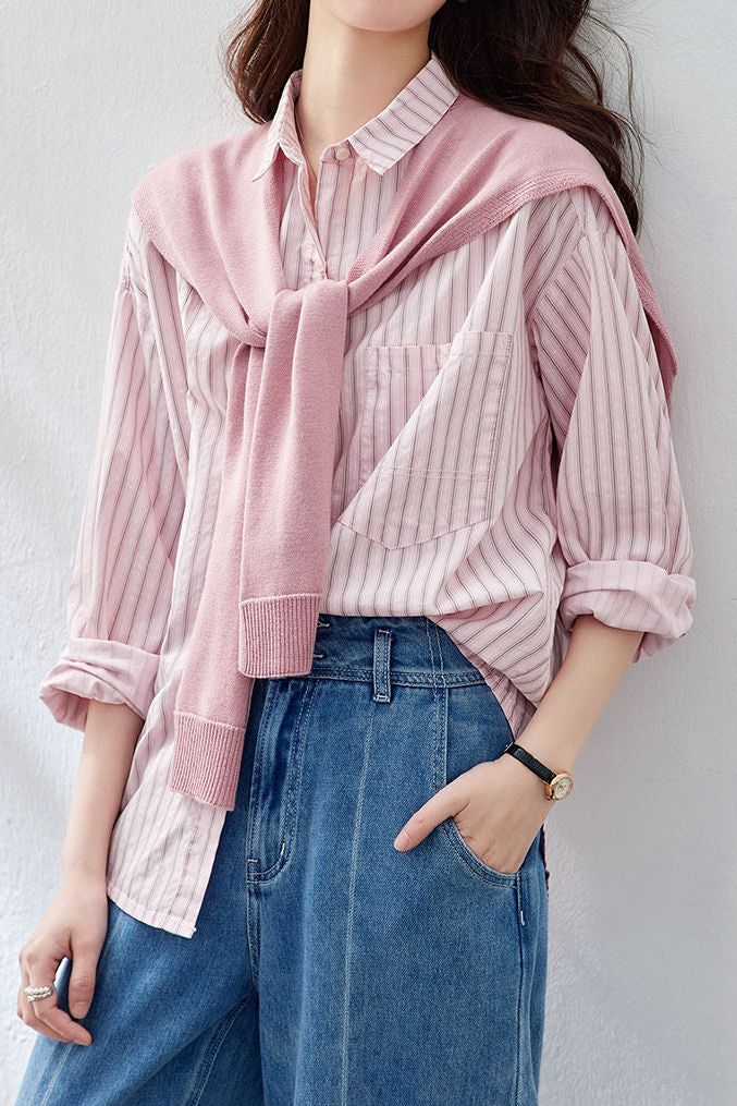 Casual Striped Patch Pocket Pure Cotton Shirt And Knit Shawl Two‑Piece Set - gazingly