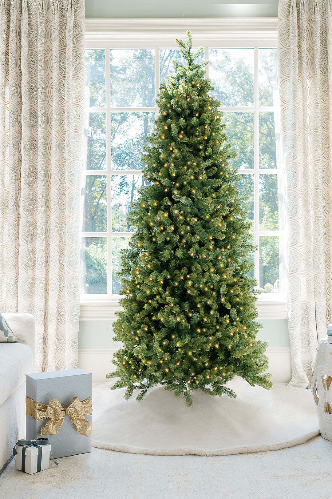 9' Royal Fir Slim Quick-Shape Artificial Christmas Tree with 900 Warm White & Multi-Color LED Lights