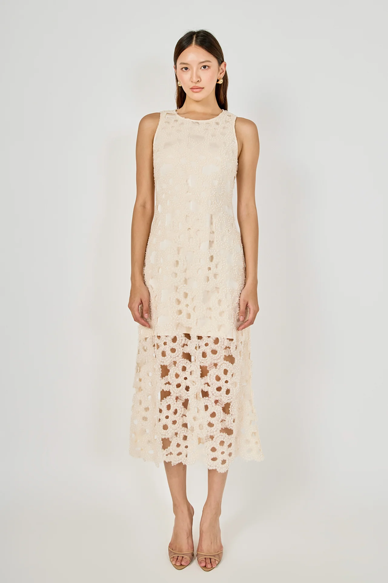 Pearl Floral Lace Midi Dress - vipsense