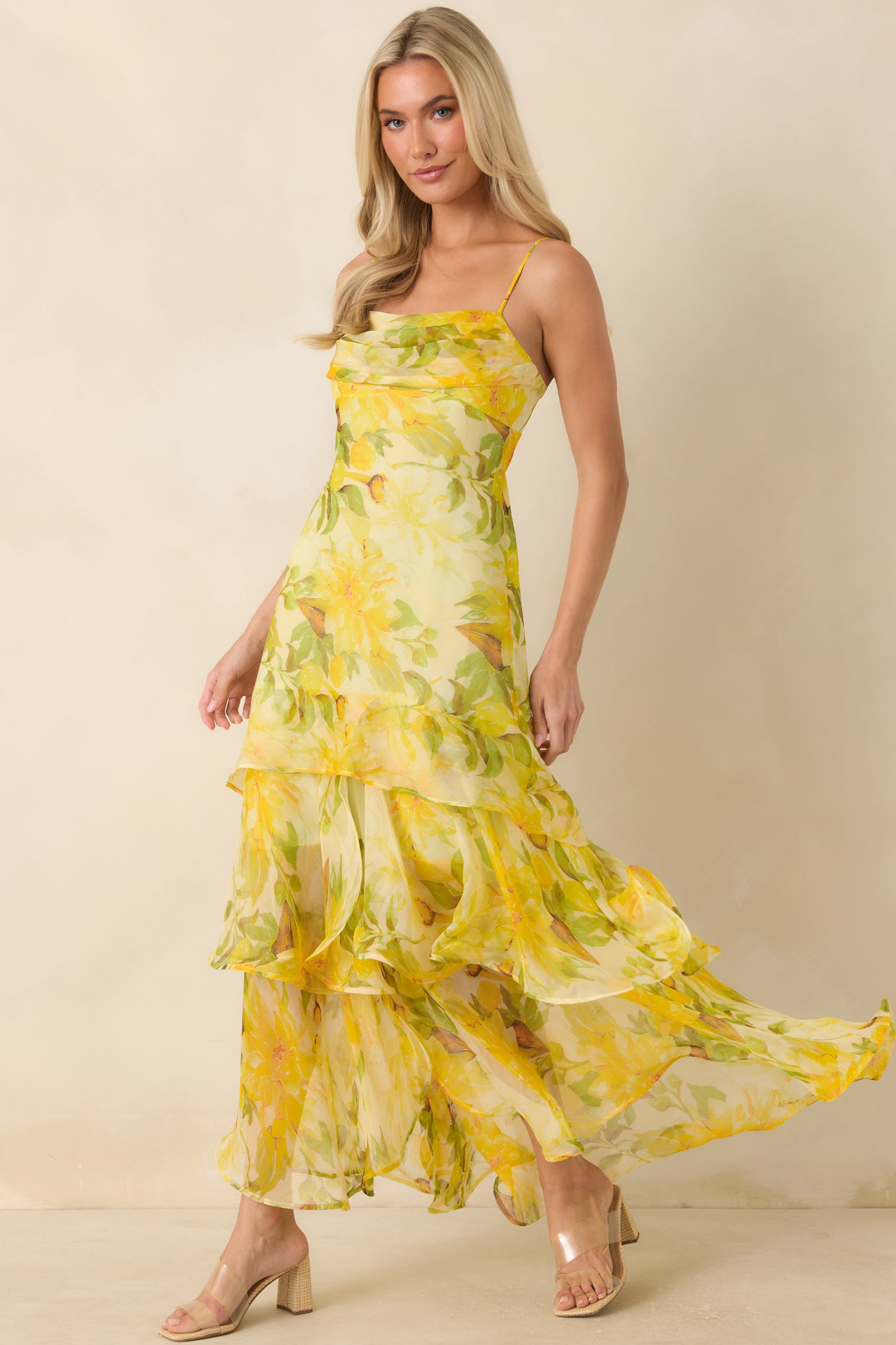 Yellow Floral Tiered Drop-Waist Maxi Dress - gazingly