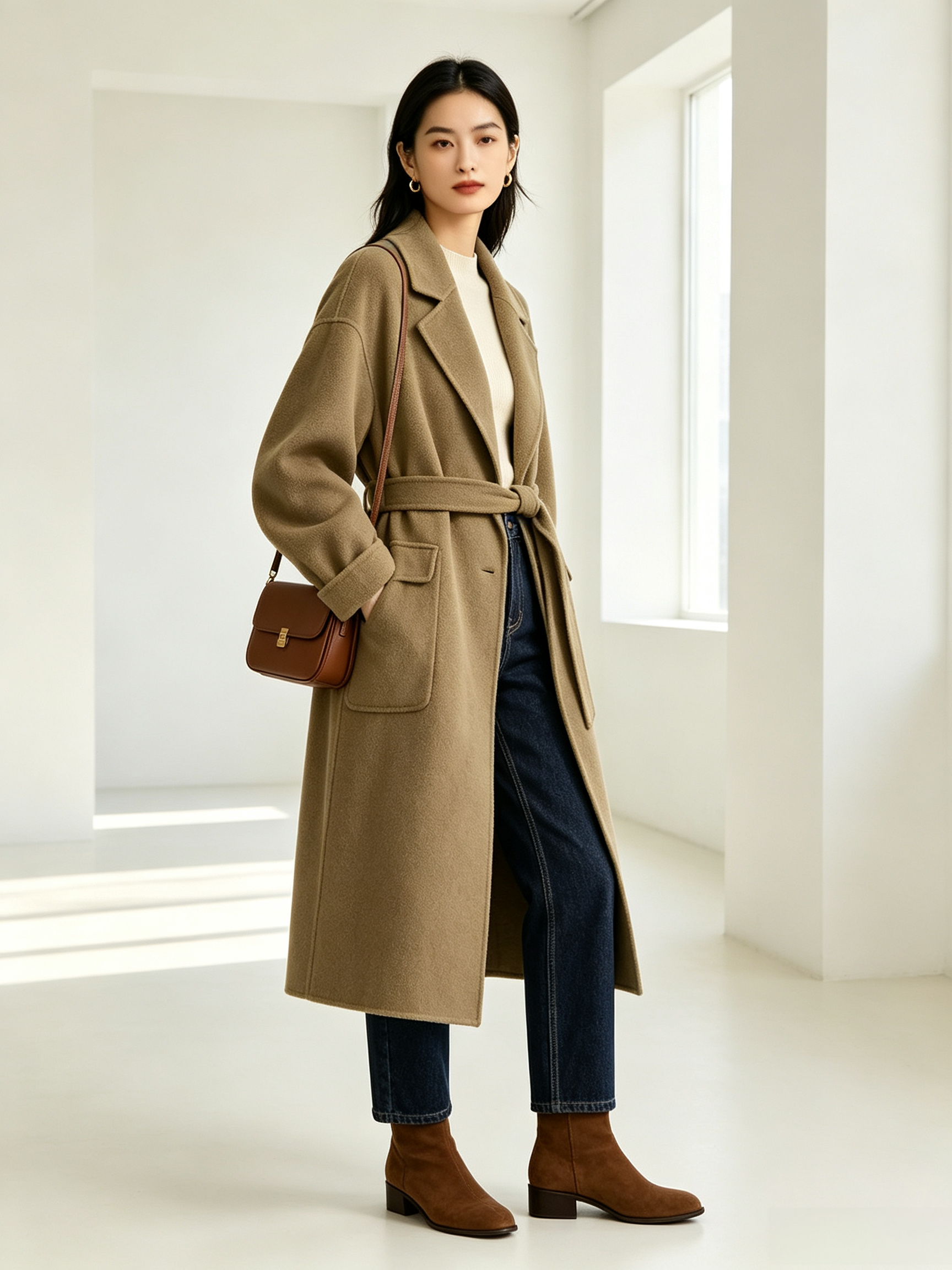 Oversized Brushed Belted Long Overcoat