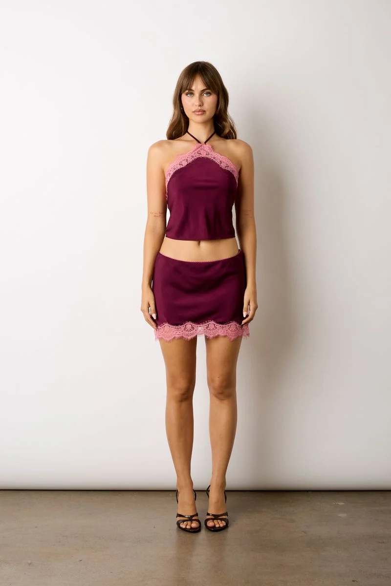Satin Lace Trim Mini Skirt - guttulla
