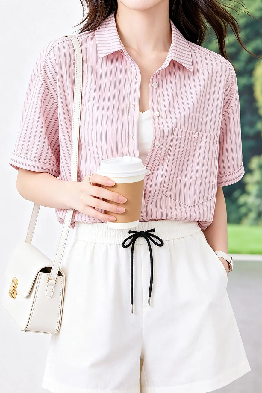 Casual Striped Patch Pocket Pure Cotton Shirt And Knit Shawl Two‑Piece Set - gazingly