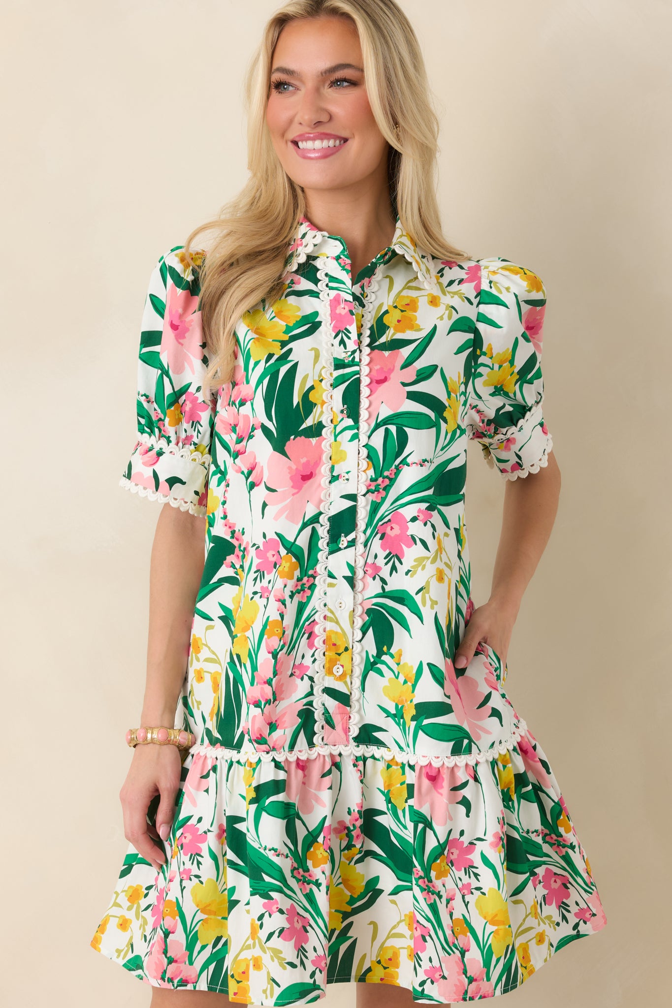 Green & Pink Multi Floral Cotton Mini Dress - gazingly