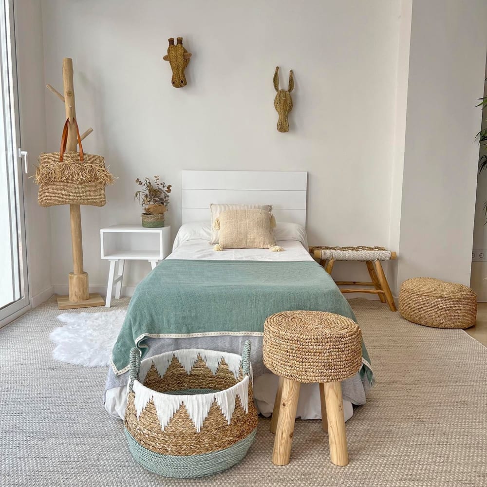 Kuta - Panier de rangement en fibres naturelles vertes et coton blanc D.30cm