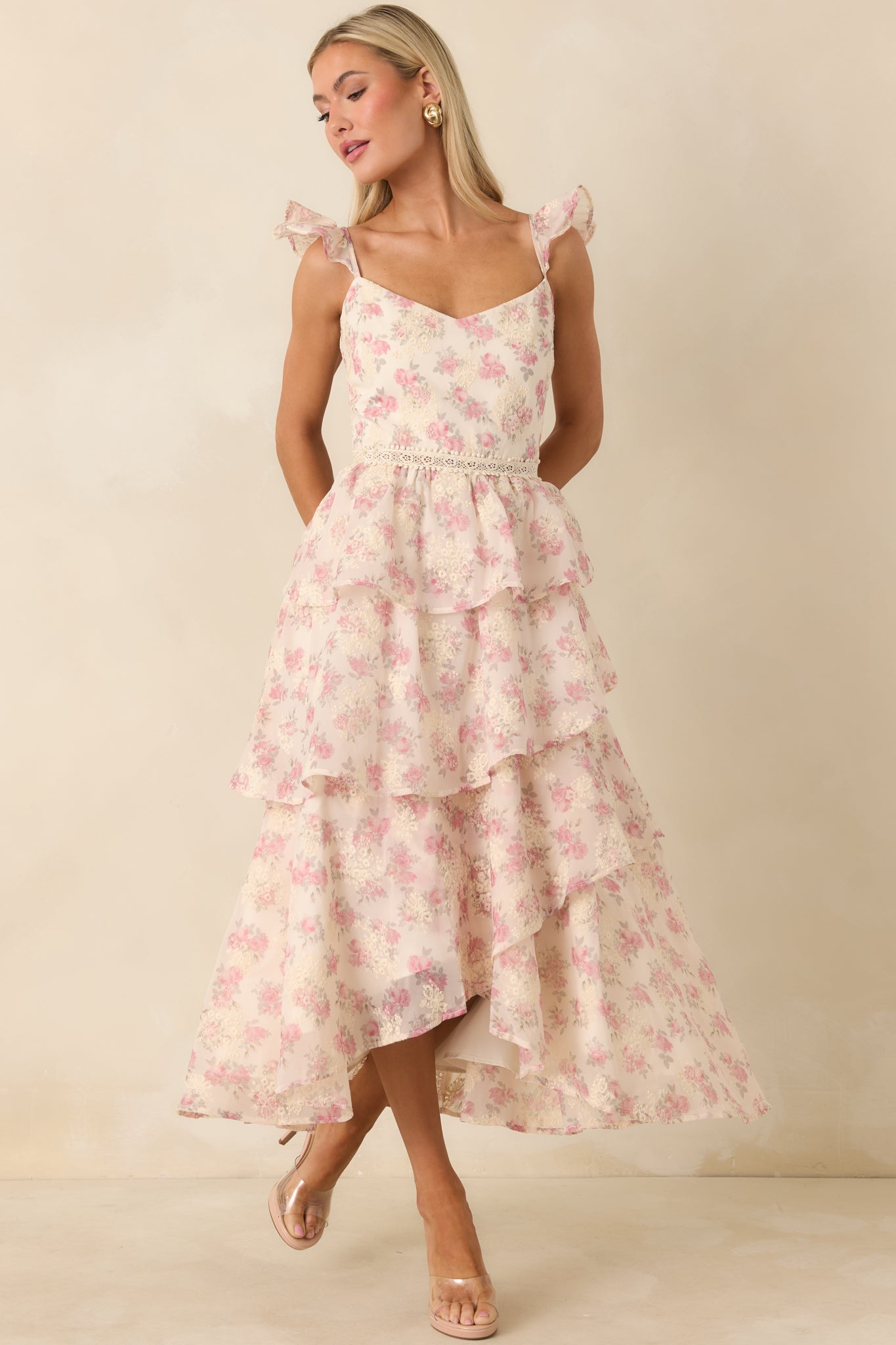 Blissful Garden Light Pink Floral Flutter Sleeve Maxi Dress - gazingly